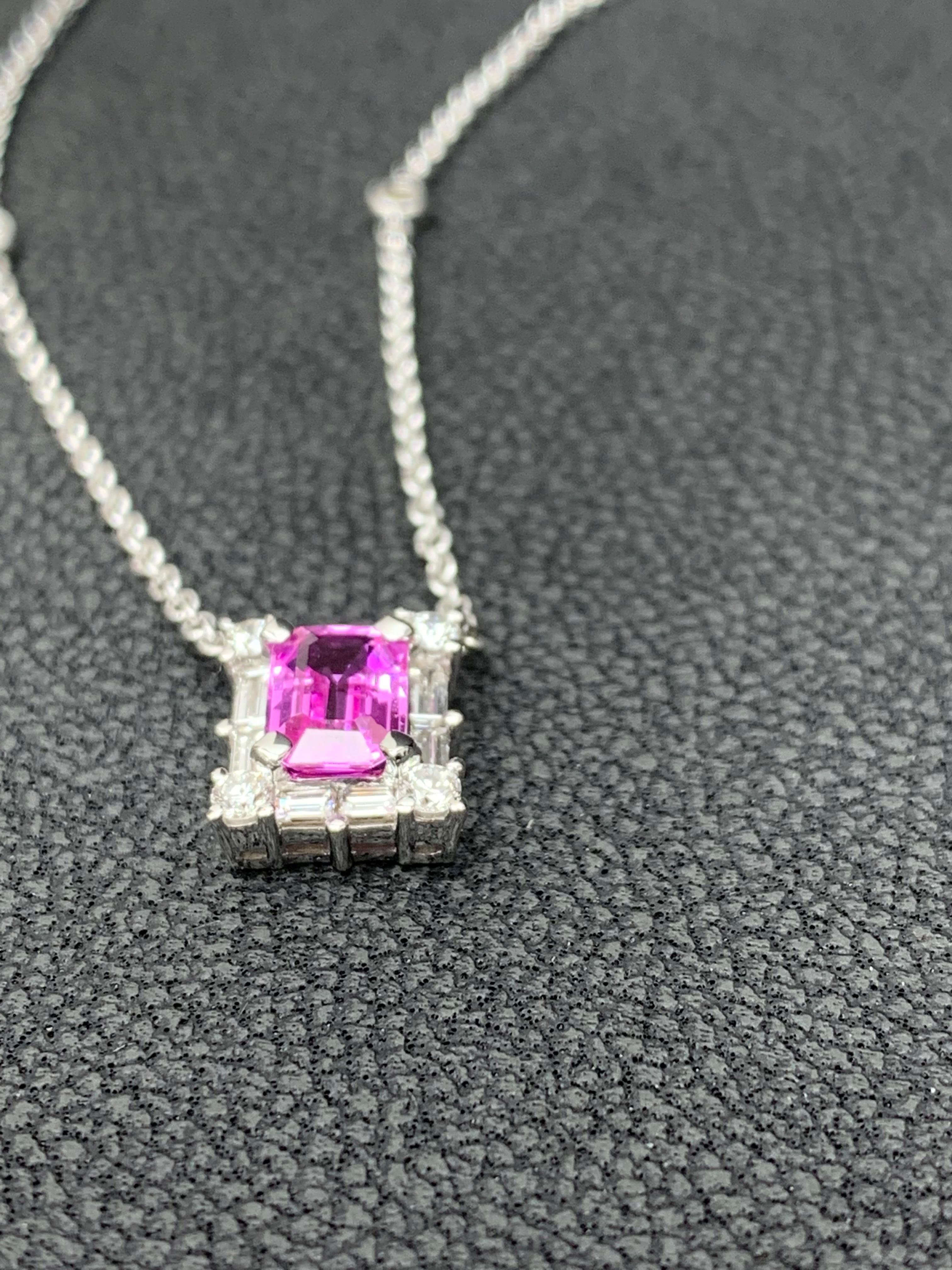 Women's 0.96 Carat Emerald Cut Pink Sapphire Diamond Pendant Necklace in 18K White Gold For Sale