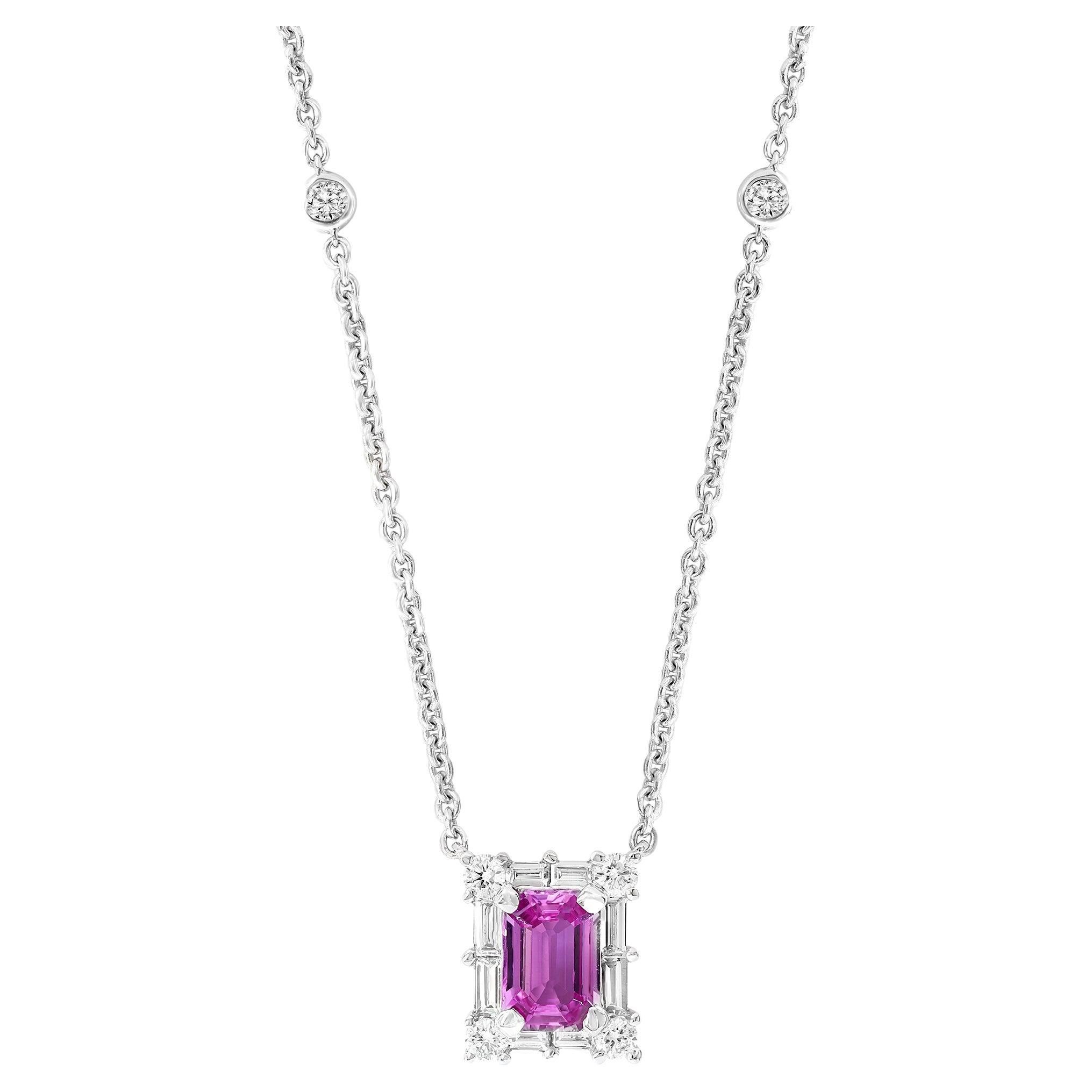 0.96 Carat Emerald Cut Pink Sapphire Diamond Pendant Necklace in 18K White Gold For Sale