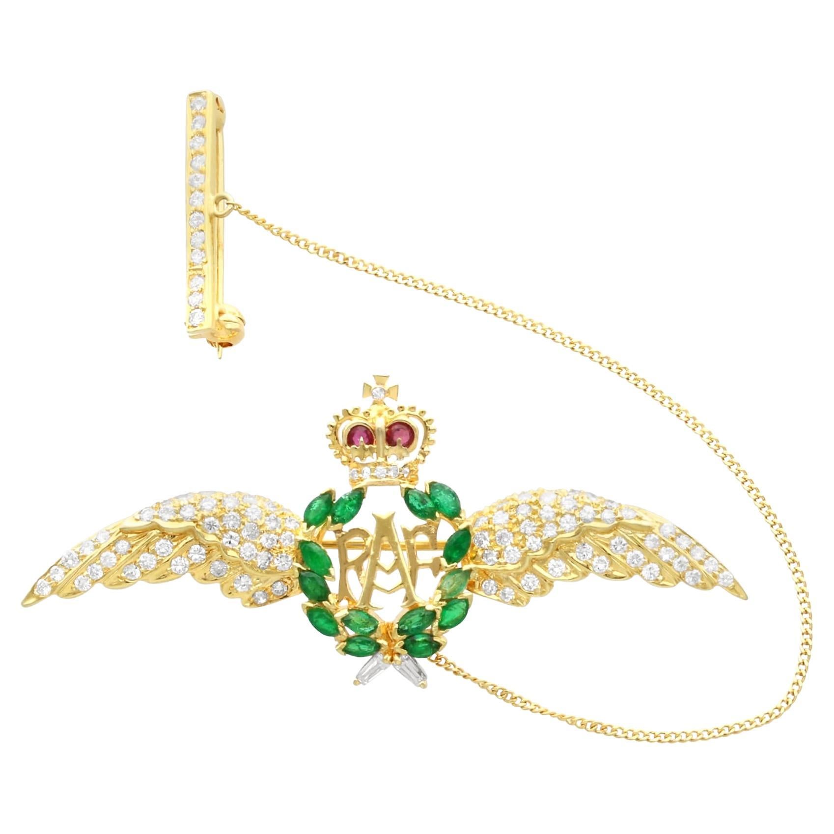 0.96 Carat Emerald Diamond and Ruby 18k Yellow Gold RAF Sweetheart Brooch  For Sale
