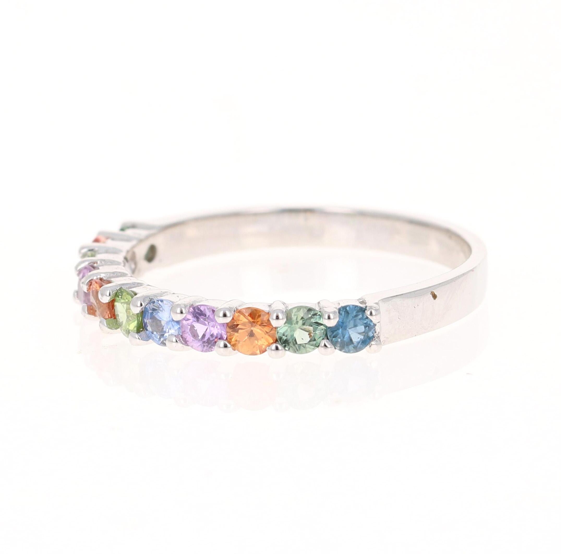 Modern 0.96 Carat Multicolored Sapphire 14 Karat White Gold Stackable Band