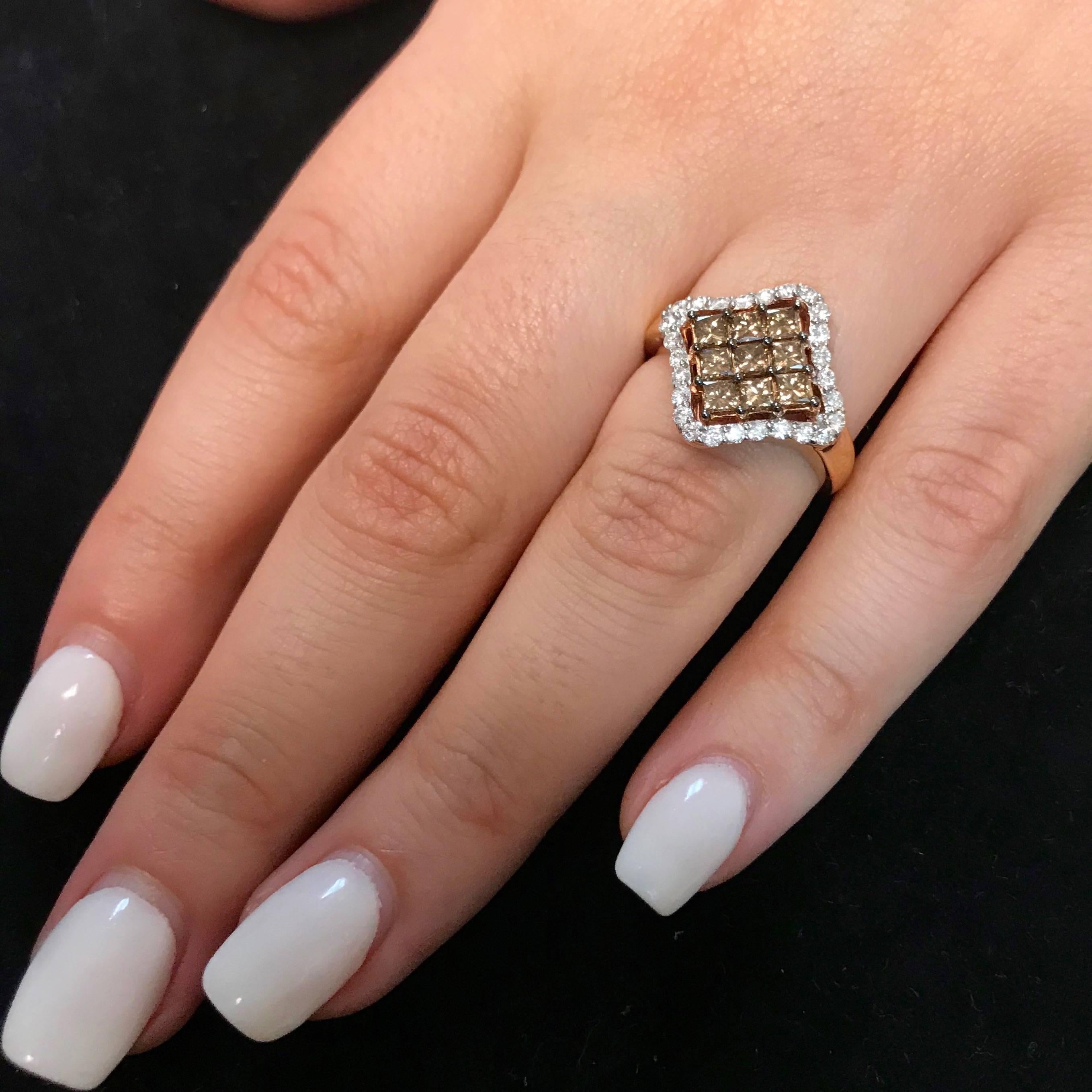 Princess Cut 0.96 Carat Natural Cognac Color Diamond and 0.38 Carat Diamond Ring