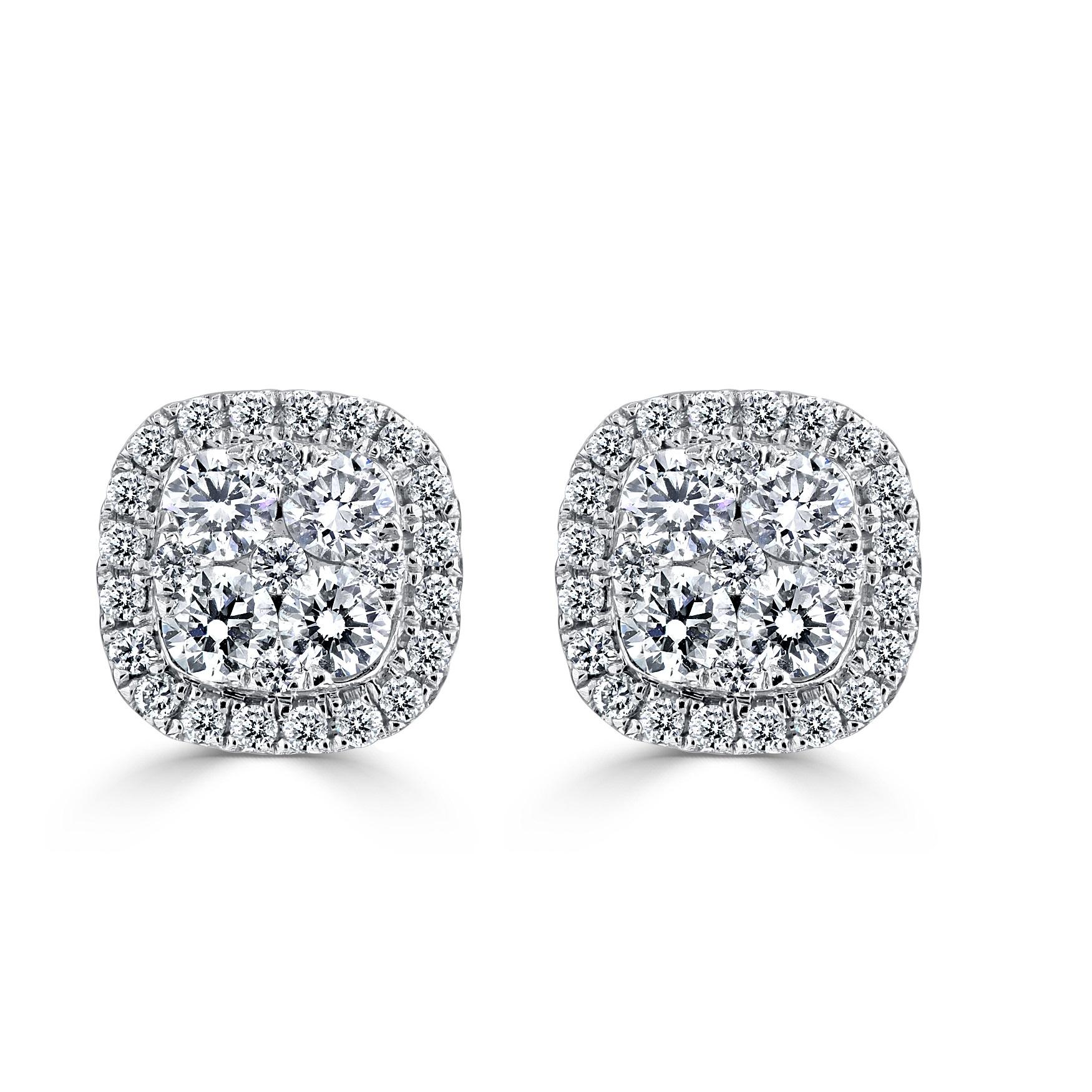 0.98 Carat Natural Diamond Illusion Cushion Halo Earrings in 18k White ref1178 In New Condition For Sale In New York, NY