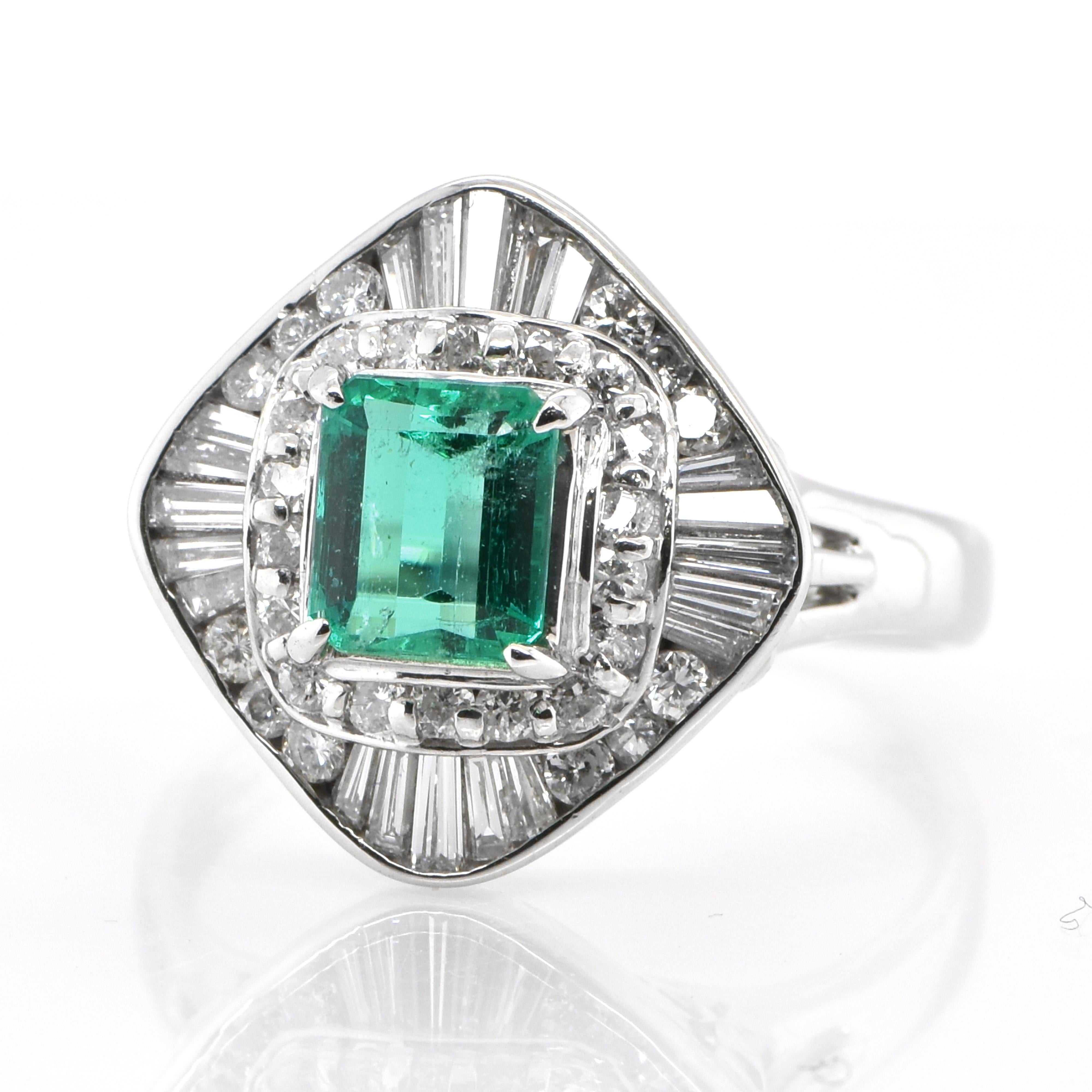 A stunning ring featuring a 0.96 Carat Natural Emerald and 0.85 Carats of Diamond Accents set in Platinum. People have admired emerald’s green for thousands of years. Emeralds have always been associated with the lushest landscapes and the richest