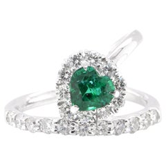 0.96 Carat Natural Heart Shape Emerald and Diamond Band Ring Set in Platinum