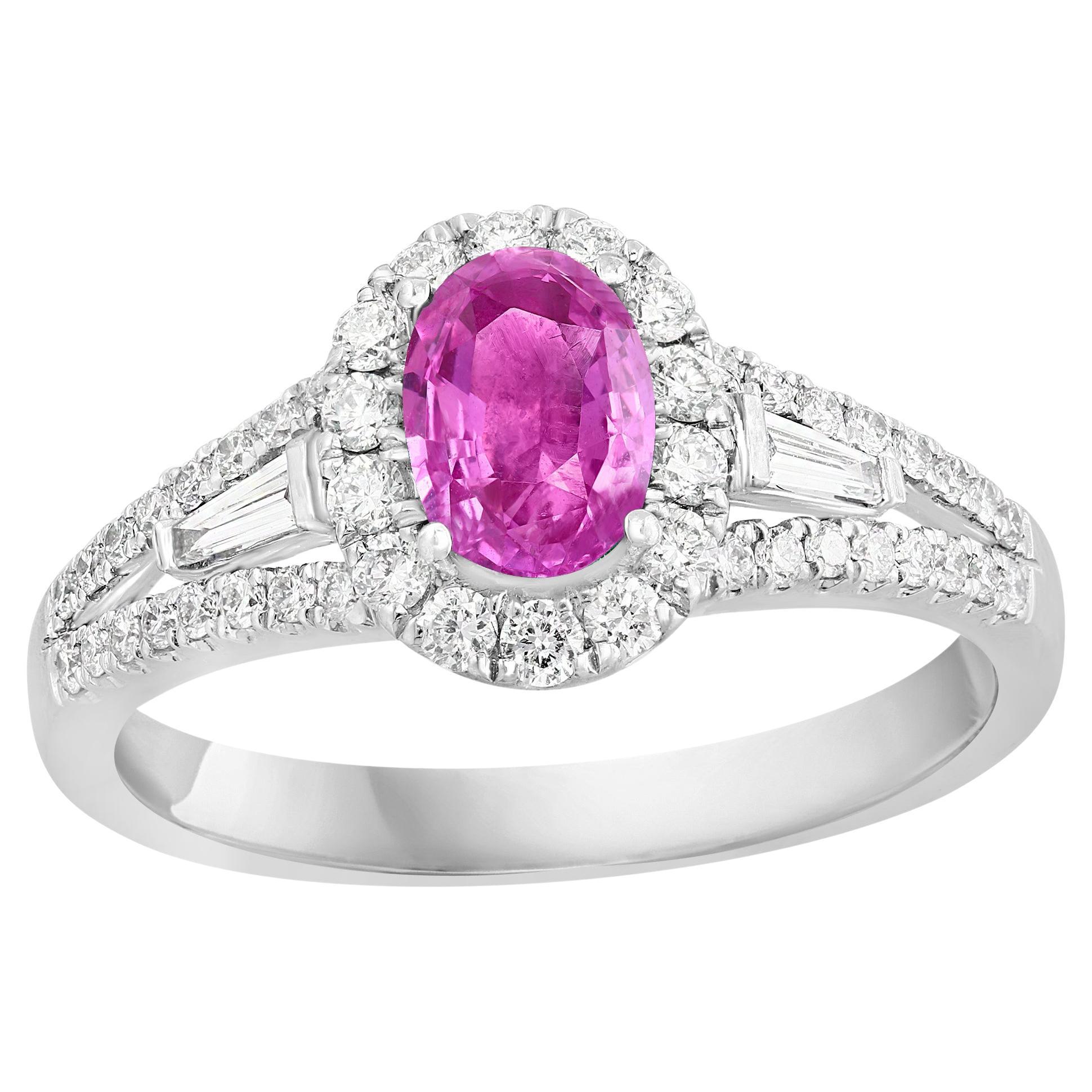 Bague en or blanc 18 carats de 0,96 carat de saphirs roses taillés en ovale et de diamants