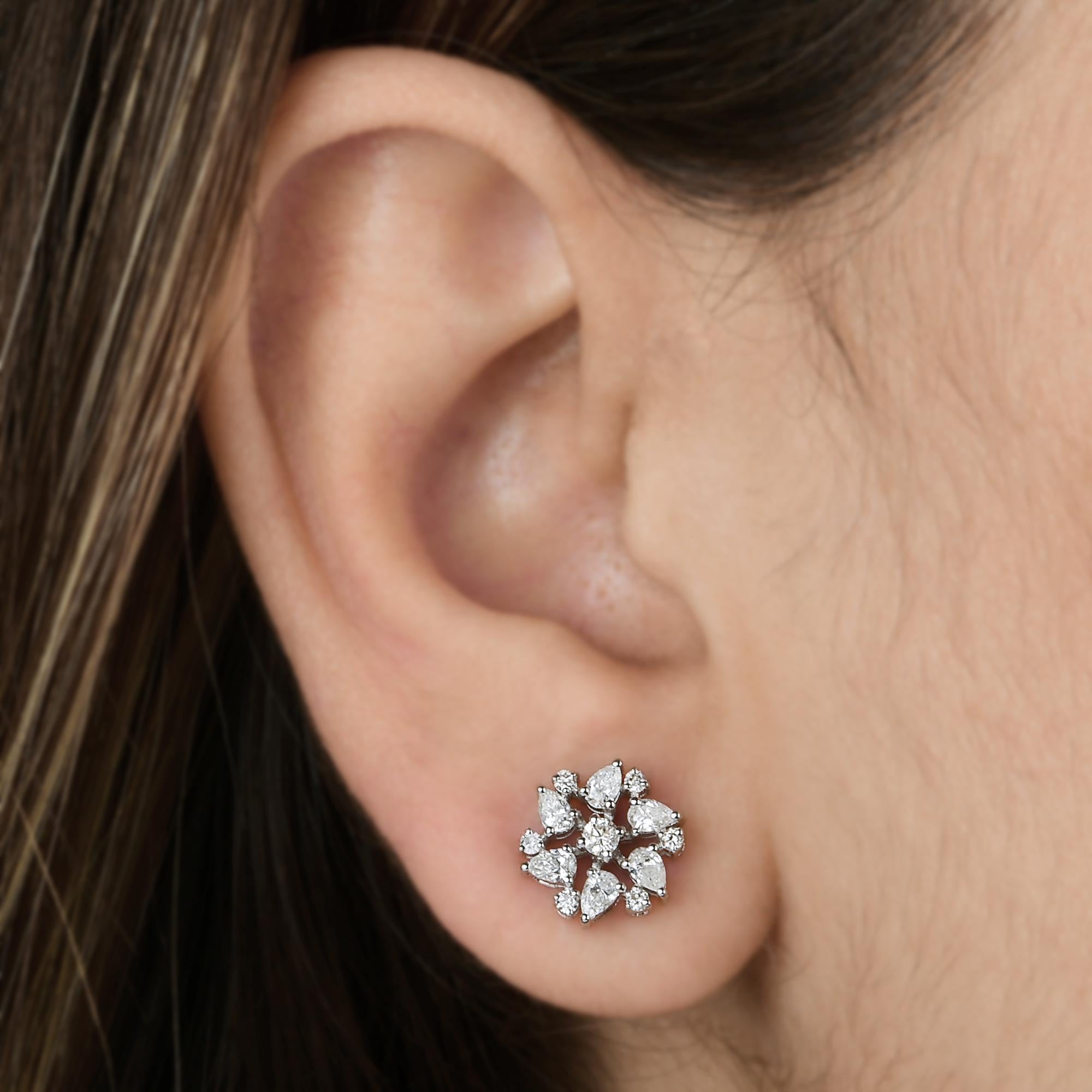 Modern 0.96 Carat SI Clarity HI Color Pear Diamond Flower Stud Earrings 14k White Gold For Sale