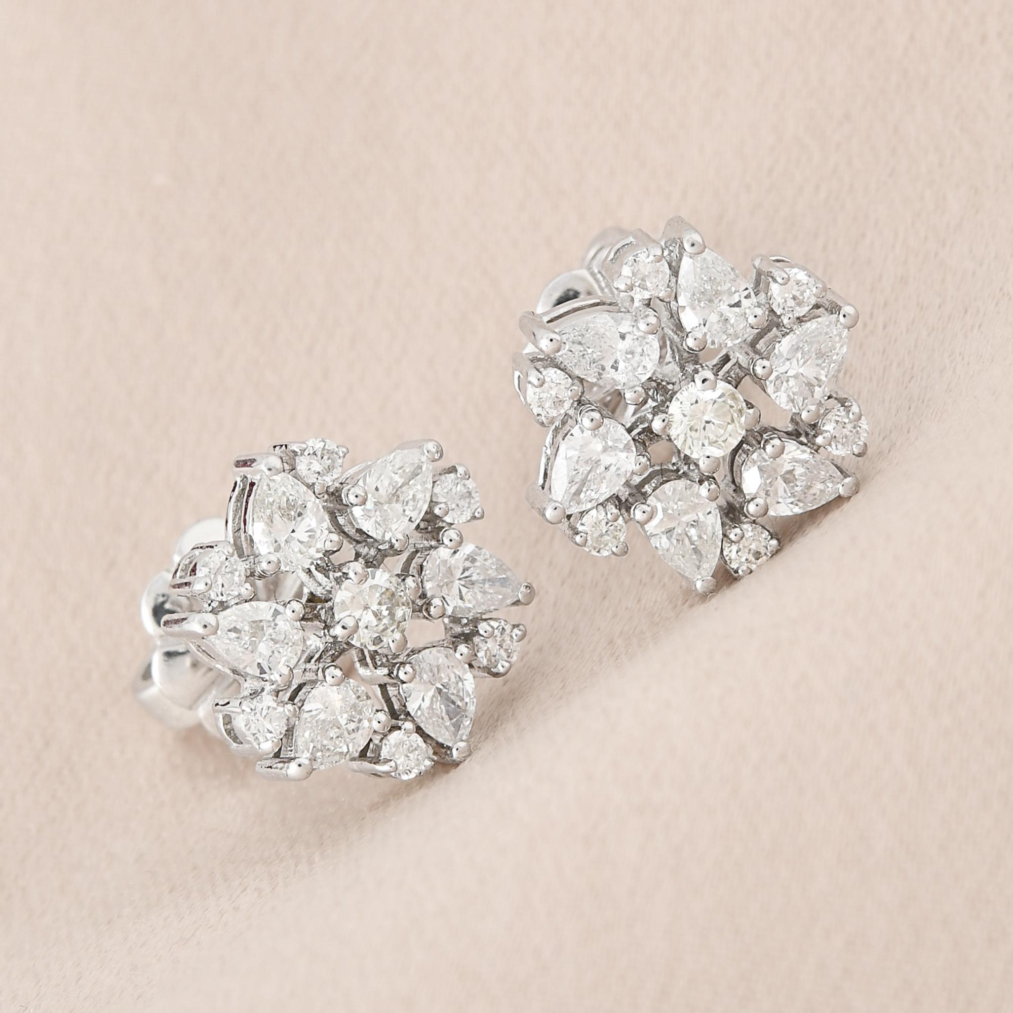 Pear Cut 0.96 Carat SI Clarity HI Color Pear Diamond Flower Stud Earrings 14k White Gold For Sale