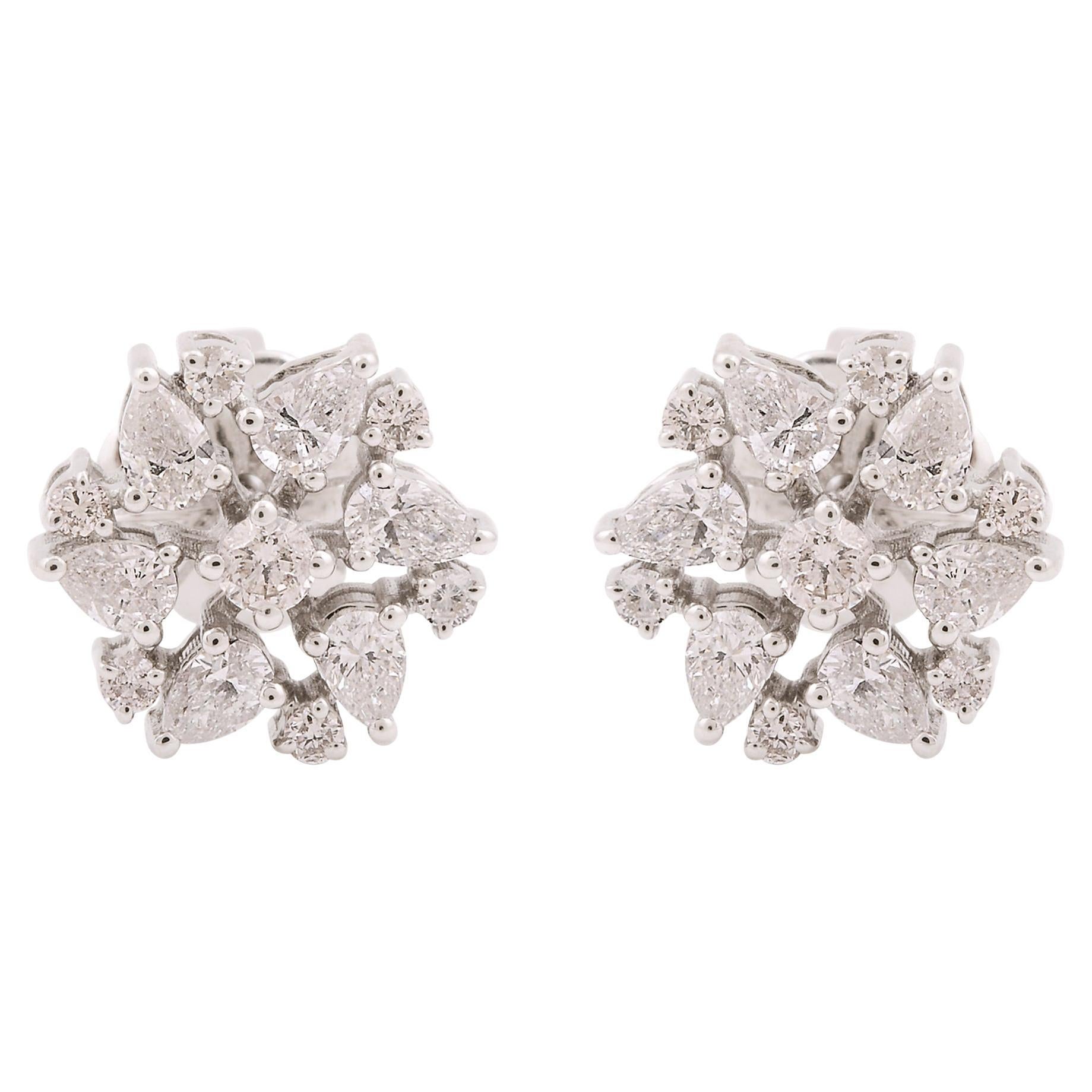 0.96 Carat SI Clarity HI Color Pear Diamond Flower Stud Earrings 14k White Gold For Sale