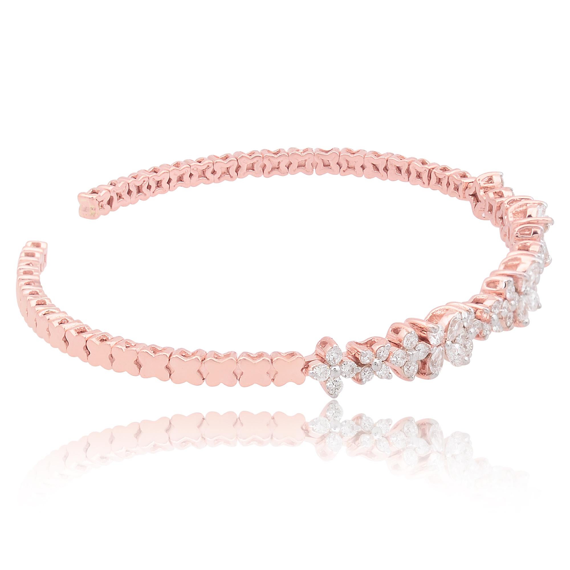 Modern 0.96 Carat SI/HI Pear & Round Diamond Cuff Bangle Bracelet 18 Karat Rose Gold For Sale