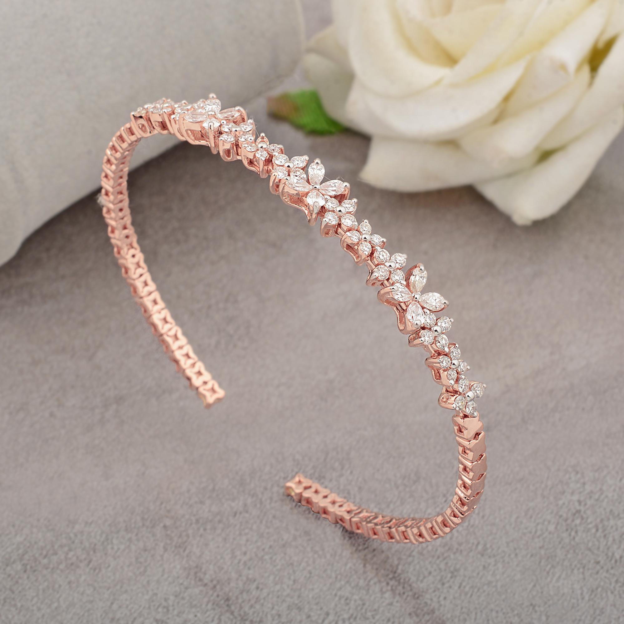 Pear Cut 0.96 Carat SI/HI Pear & Round Diamond Cuff Bangle Bracelet 18 Karat Rose Gold For Sale