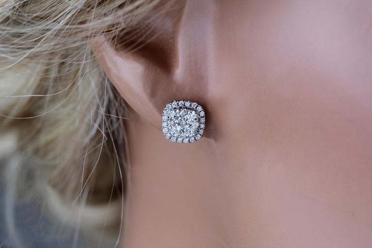 Round Cut 0.96 Carat Total Diamond Weight Illusion Cushion Halo Earrings in 18k White Gold For Sale
