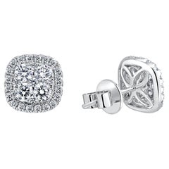 0.96 Carat Total Diamond Weight Illusion Cushion Halo Earrings in 18k White Gold