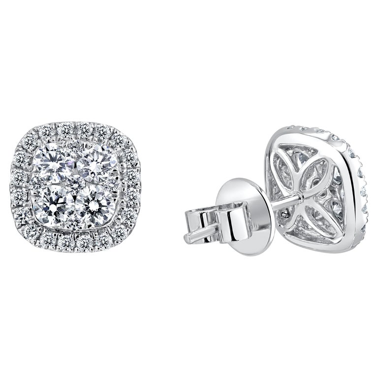 0.96 Carat Total Diamond Weight Illusion Cushion Halo Earrings in 18k White Gold For Sale