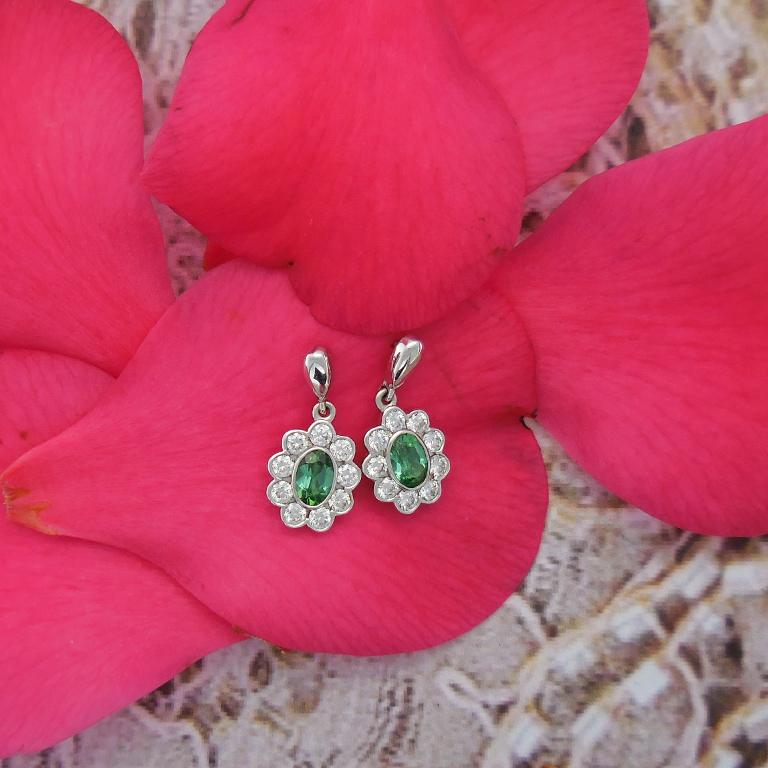 Oval Cut 0.96 Carat Tourmaline Green Oval Diamond Flower Drop Earrings Natalie Barney For Sale