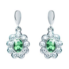 0.96 Carat Tourmaline Green Oval Diamond Flower Drop Earrings Natalie Barney