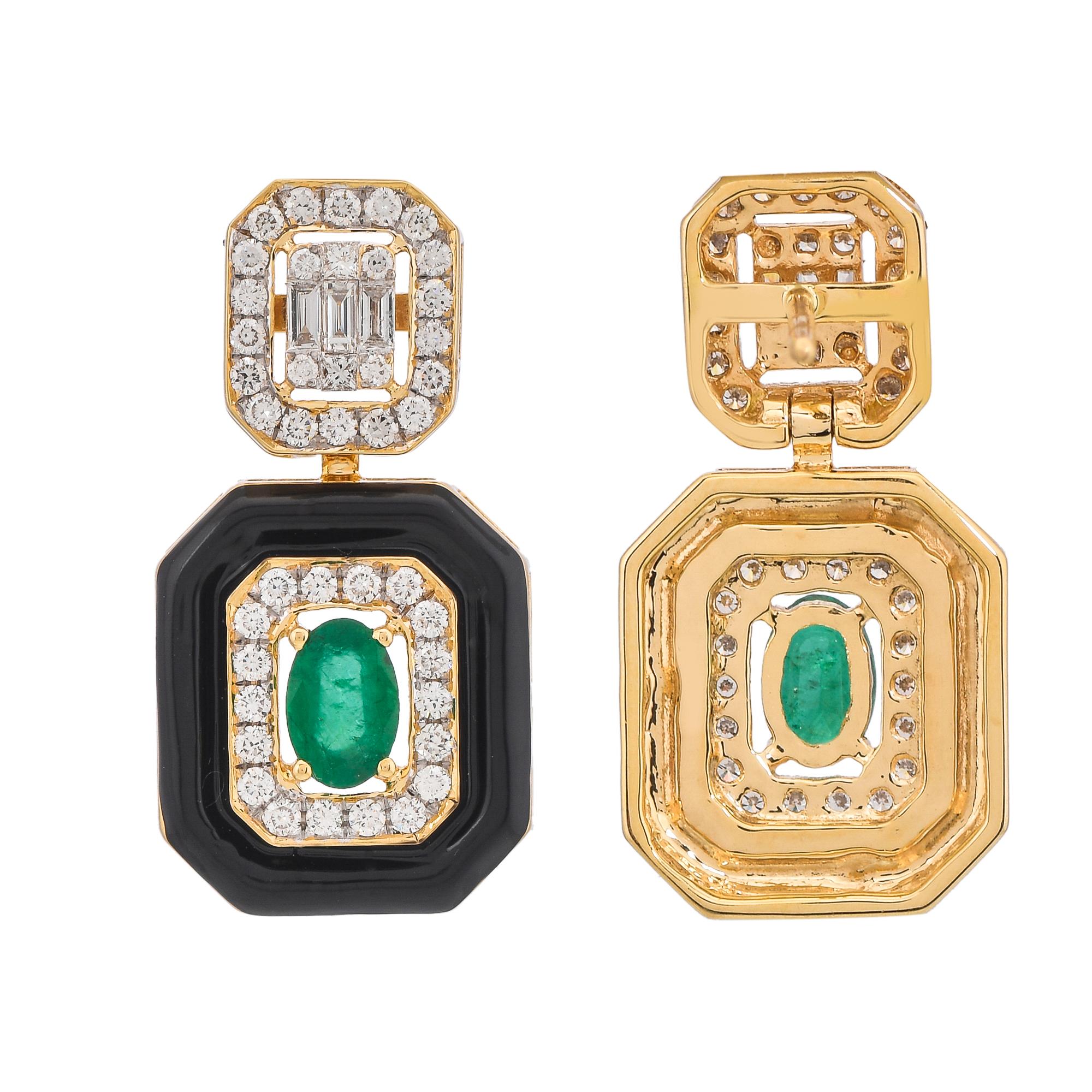 Modern 0.96 Carat Zambian Emerald Diamond and Black Enamel 18KT Yellow Gold Earrings For Sale