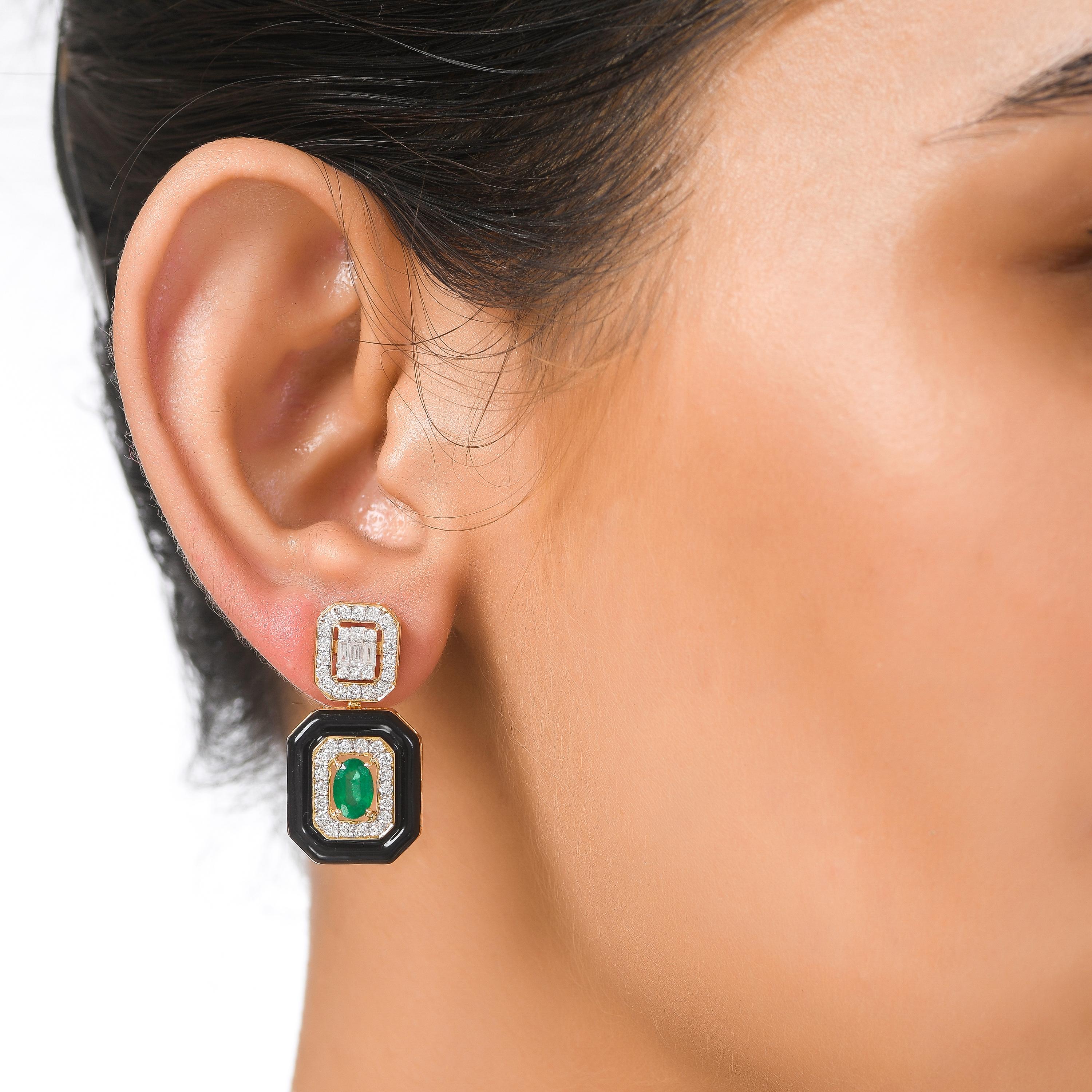 Oval Cut 0.96 Carat Zambian Emerald Diamond and Black Enamel 18KT Yellow Gold Earrings For Sale