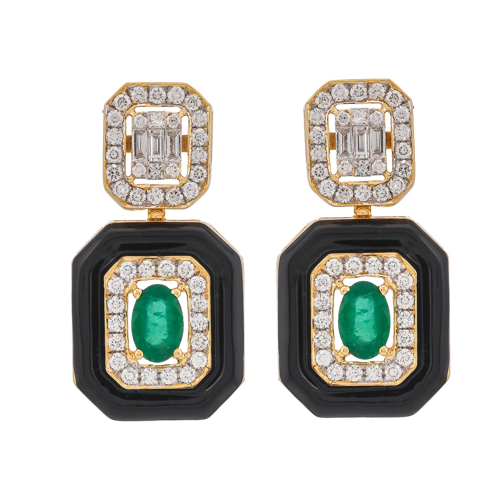 0.96 Carat Zambian Emerald Diamond and Black Enamel 18KT Yellow Gold Earrings For Sale