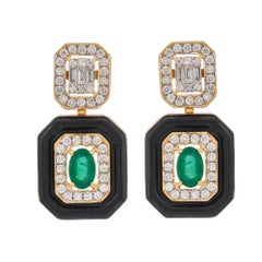 0.96 Carat Zambian Emerald Diamond and Black Enamel 18KT Yellow Gold Earrings