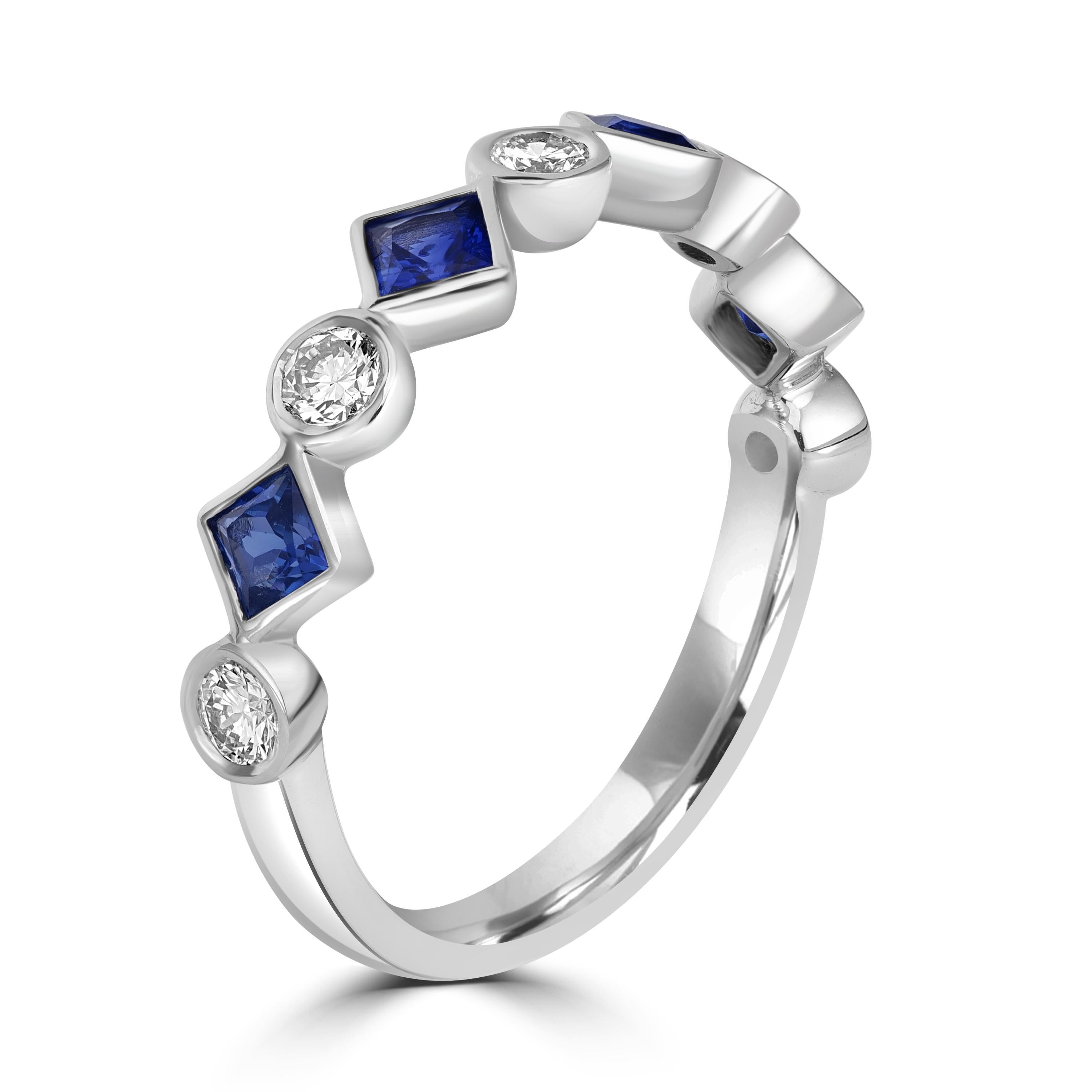 Introducing our enchanting 0.96 Carats Princess Cut Sapphire Half Eternity Bezel Setting Ring Band, embellished with delicate diamonds, designed to be stacked for a personalized touch of elegance. 

At the heart of this ring are dazzling