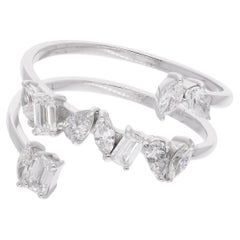 0.96 Ct SI Clarity HI Color Emerald Cut Diamond Spring Ring 18 Karat White Gold