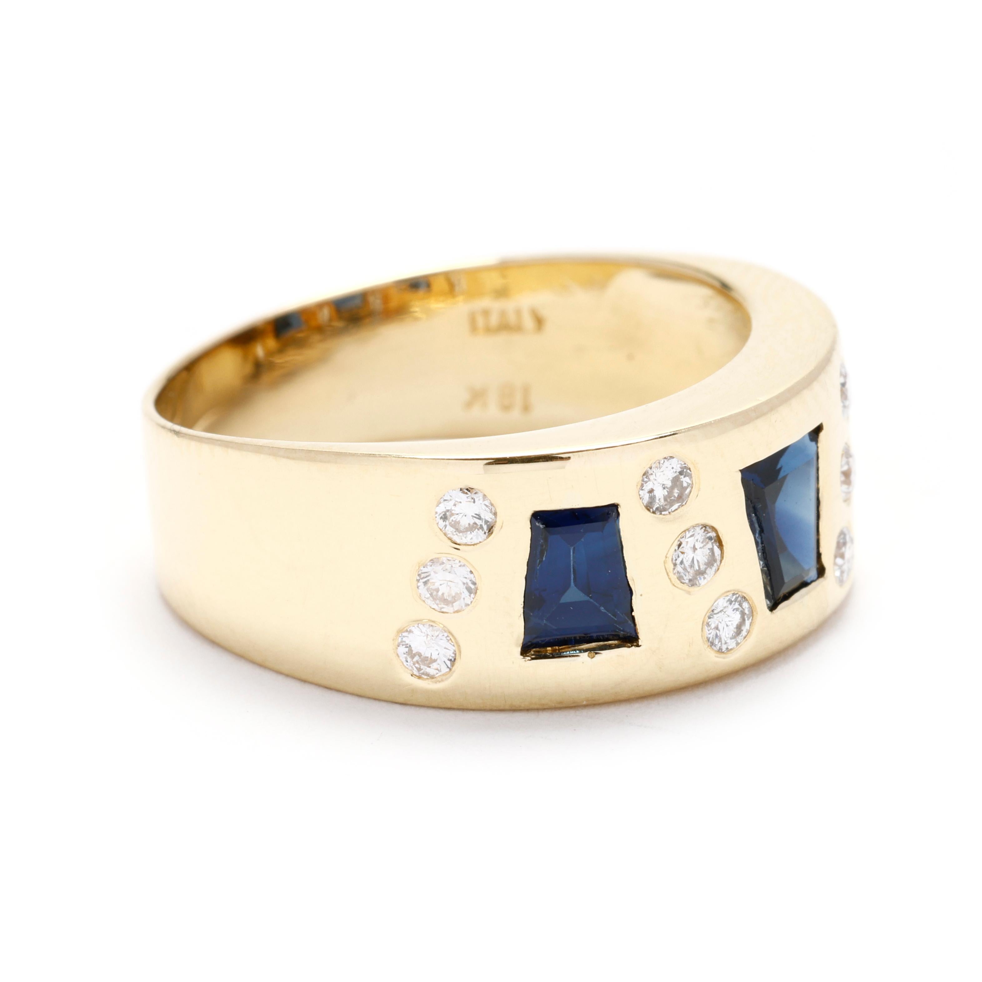 Elevate your style with this luxurious 0.96ct Blue Sapphire and Diamond Thick Band Ring. Meticulously crafted in gleaming 18k yellow gold, this statement ring features a stunning blue sapphire center stone flanked by sparkling round brilliant
