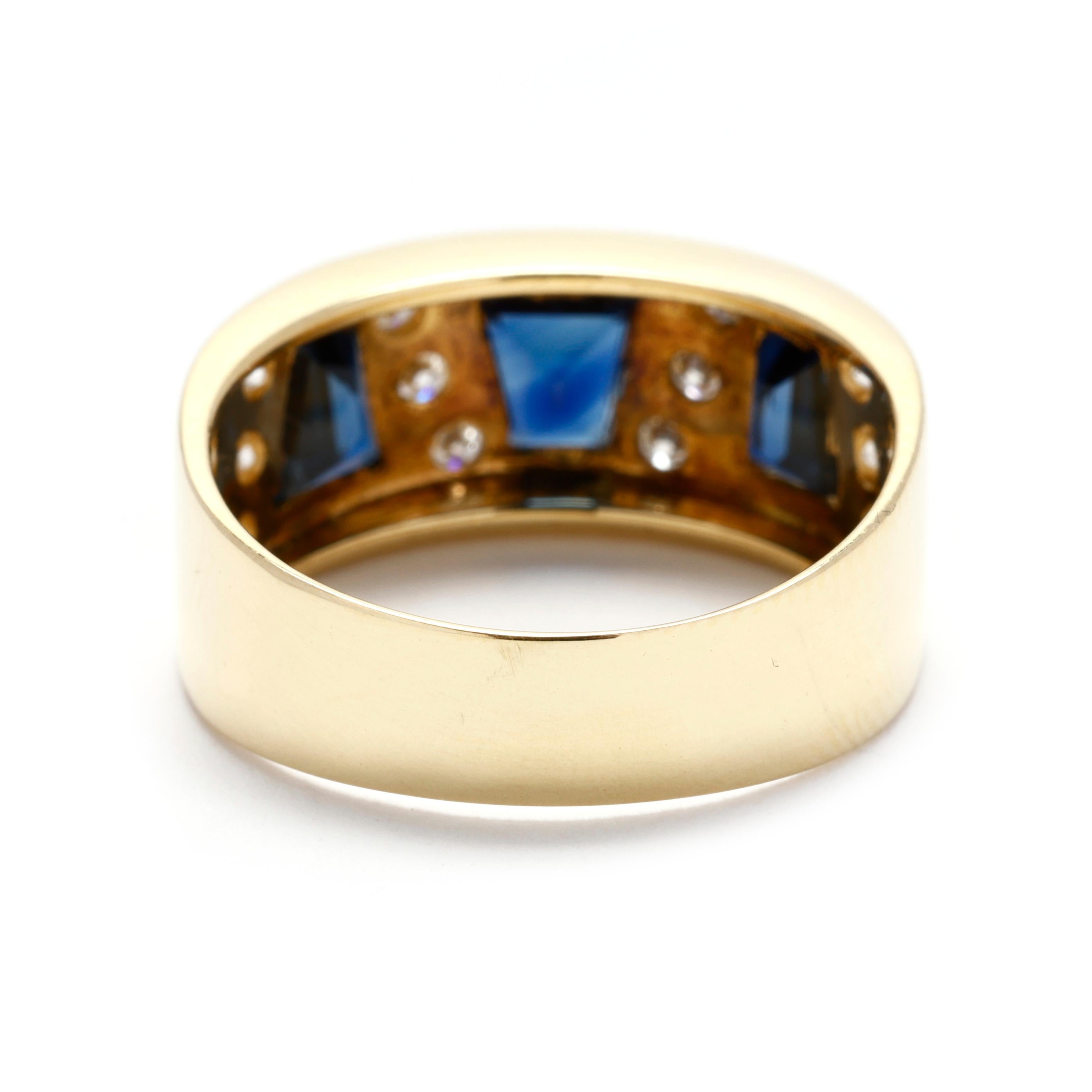 Tapered Baguette 0.96ct Blue Sapphire and Diamond Thick Band Ring, 18k Yellow Gold, Ring Size 7.5