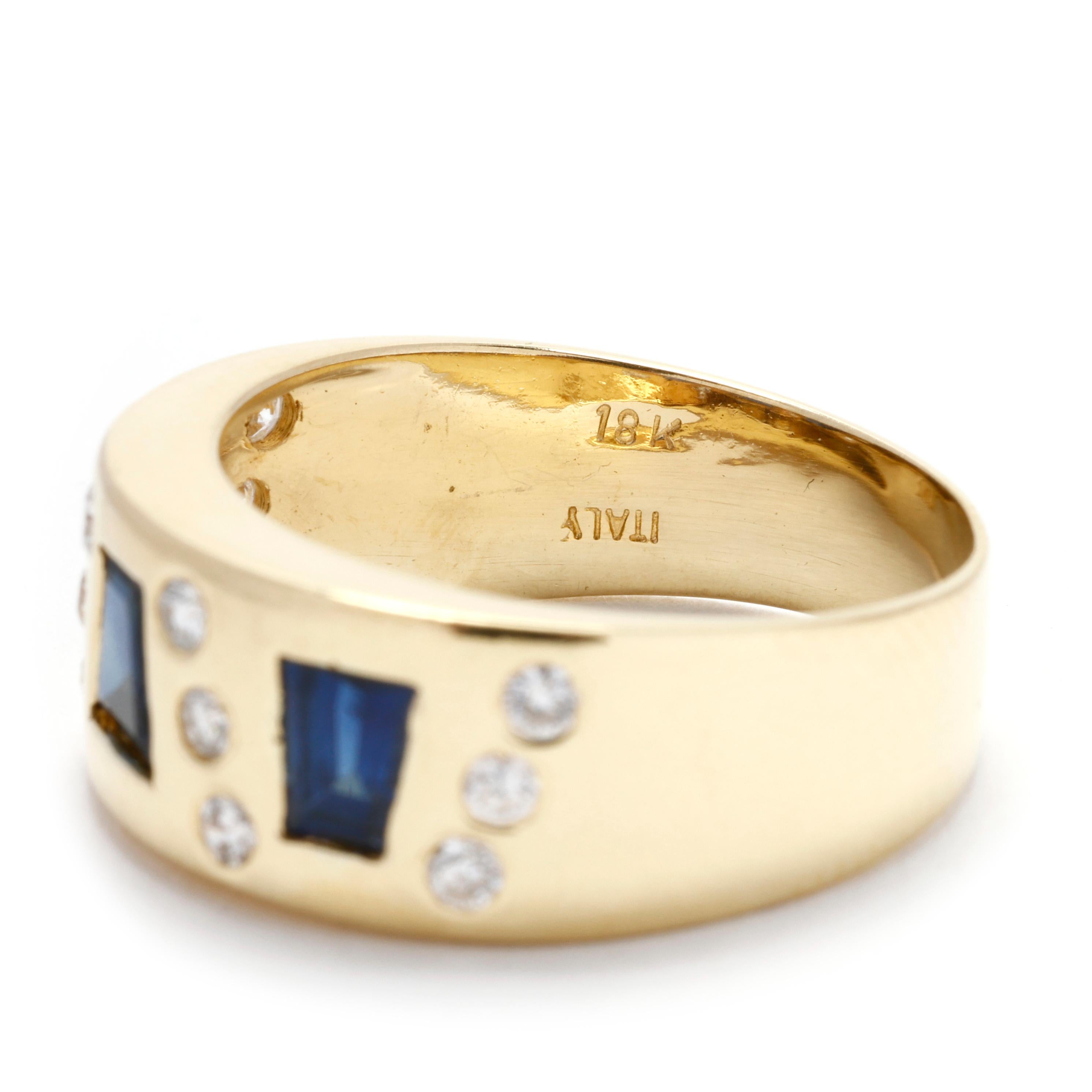 Women's or Men's 0.96ct Blue Sapphire and Diamond Thick Band Ring, 18k Yellow Gold, Ring Size 7.5