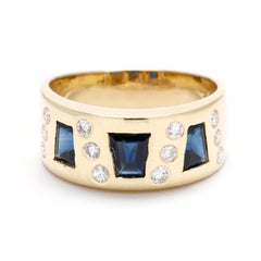 0.96ct Blue Sapphire and Diamond Thick Band Ring, 18k Yellow Gold, Ring Size 7.5