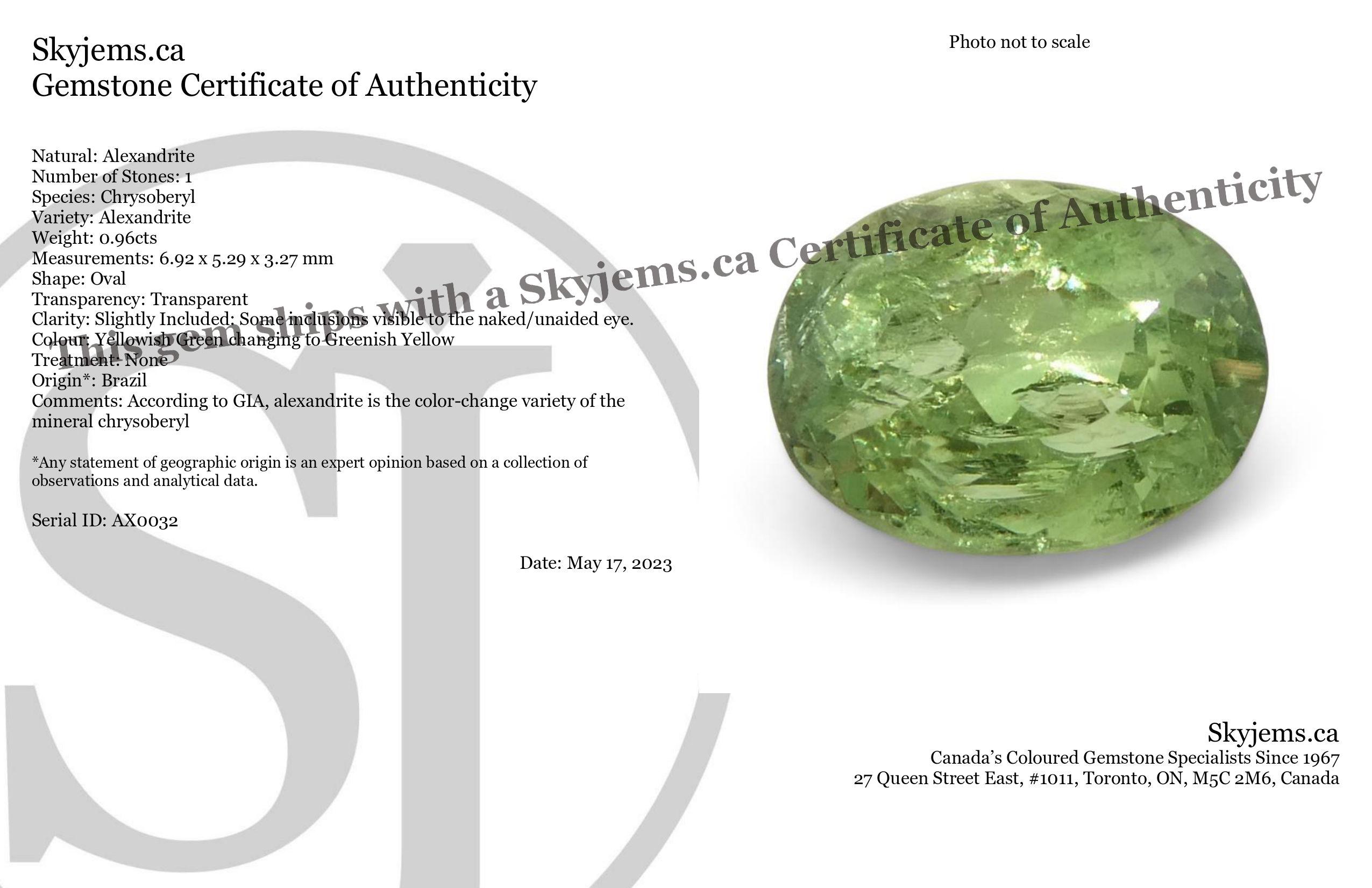 Description :

Type de gemme : Alexandrite 
Nombre de pierres : 1
Poids : 0,96 cts
Dimensions : 6,92 x 5,29 x 3,27 mm
Forme : Ovale
Style de coupe Couronne : Brilliante
Pavillon des styles de coupe : Coupe Brilliante 
La transparence :