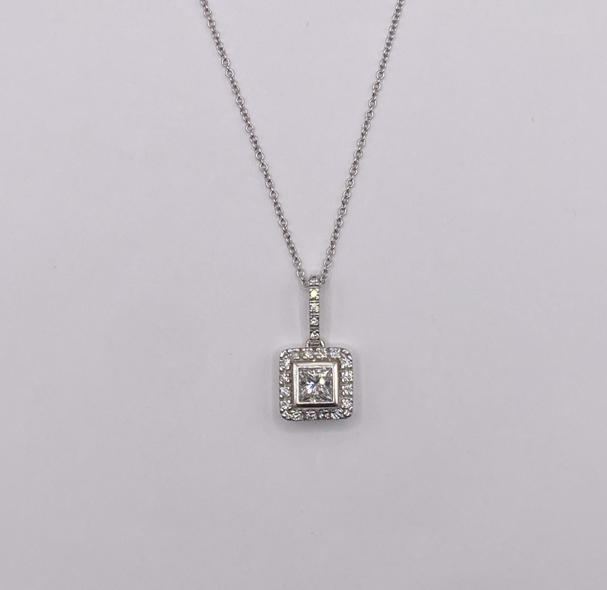 Princess Cut 0.96ct Princess & Round Diamond Bezel Pendant in 18KT White Gold For Sale