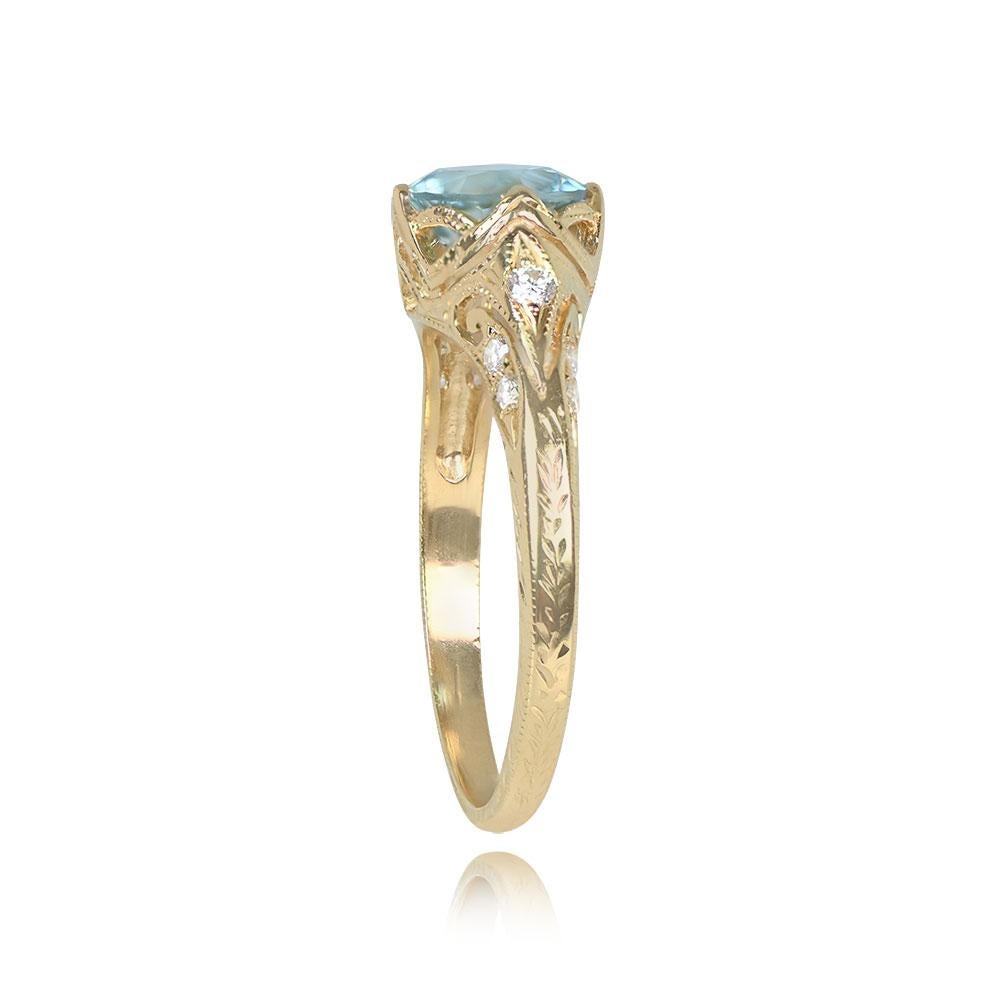 Art Deco 0.96ct Round Cut Aquamarine Engagement Ring, 18k Yellow Gold For Sale