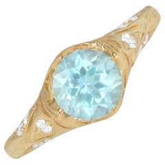 0.96ct Round Cut Aquamarine Engagement Ring, 18k Yellow Gold