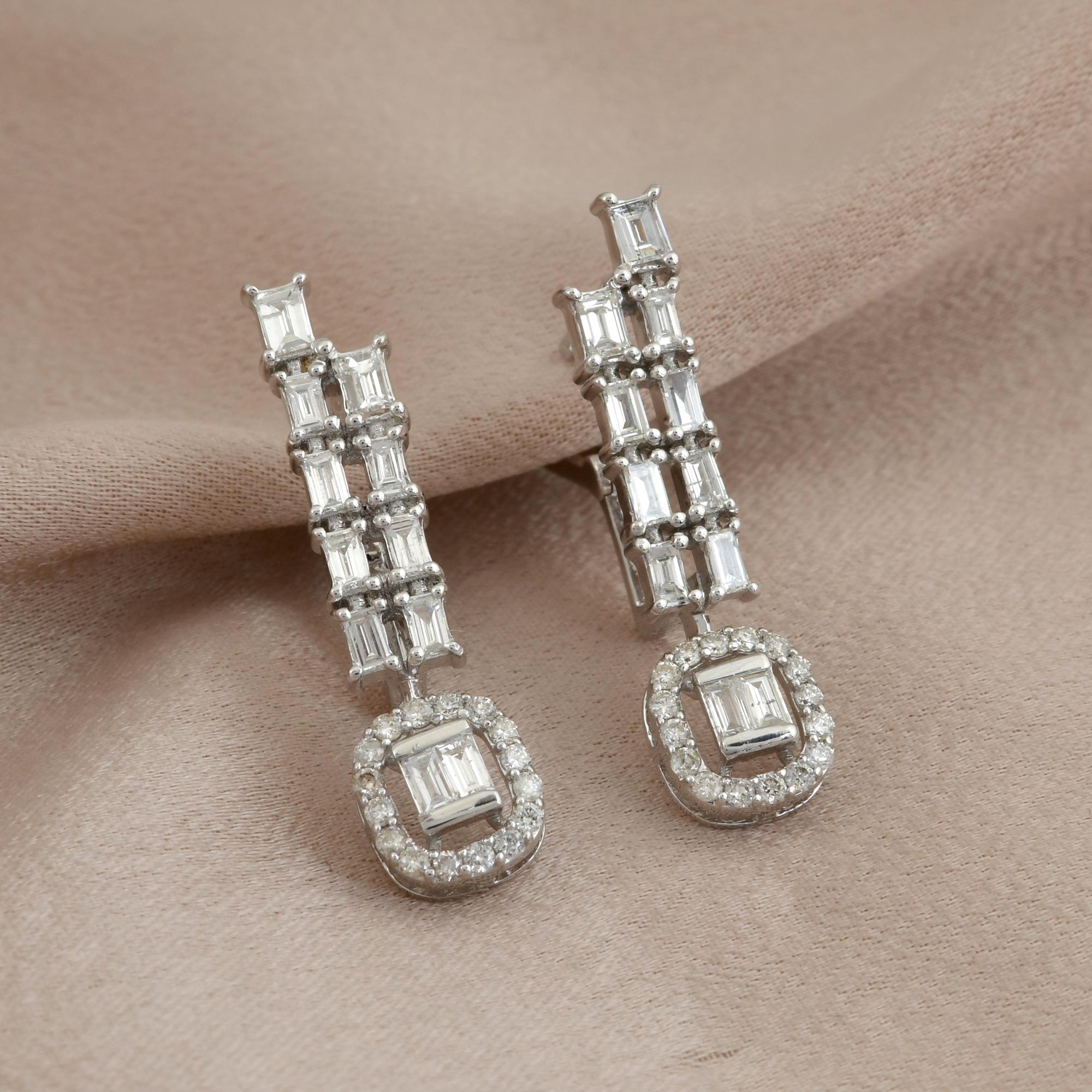 Emerald Cut 0.96ct SI Clarity HI Color Baguette Emerald Diamond Earrings 18 Karat White Gold For Sale