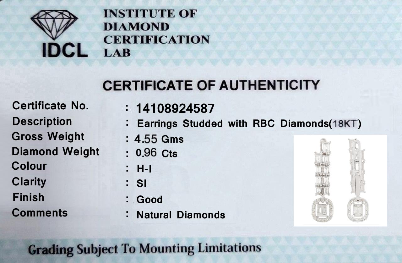 0.96ct SI Clarity HI Color Baguette Emerald Diamond Earrings 18 Karat White Gold For Sale 2