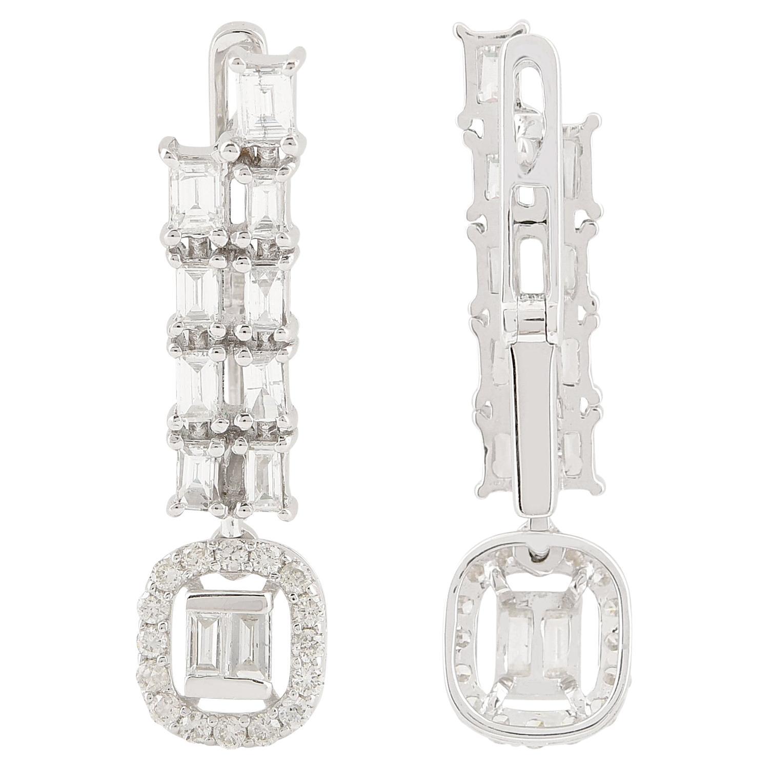 0.96ct SI Clarity HI Color Baguette Emerald Diamond Earrings 18 Karat White Gold For Sale
