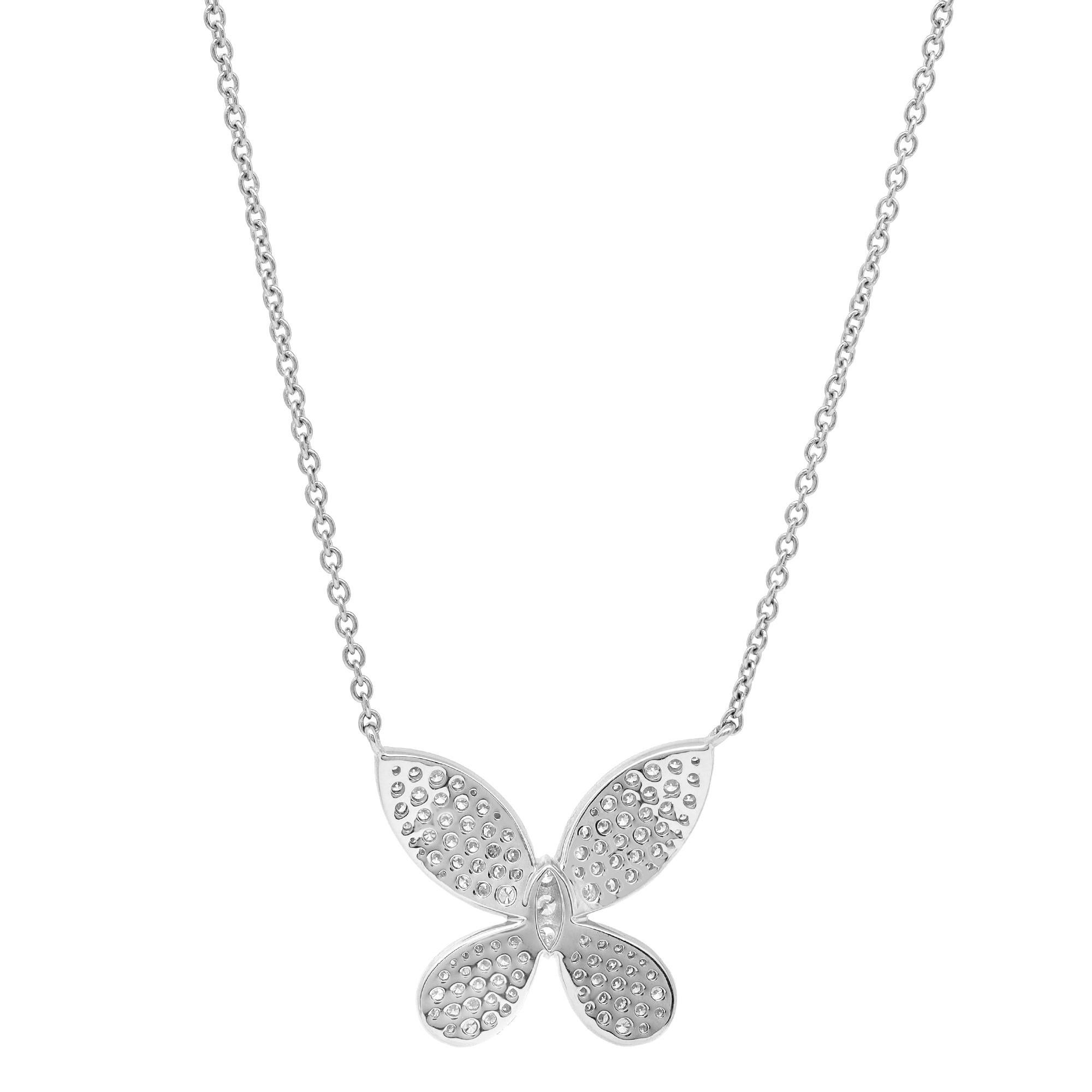 Charming and sweet, this diamond butterfly pendant necklace makes any day special. Crafted in 18k white gold, it's stackable and perfect for everyday wear. It features pave set round brilliant cut diamonds weighing 0.96 carat. Diamond quality: G-H