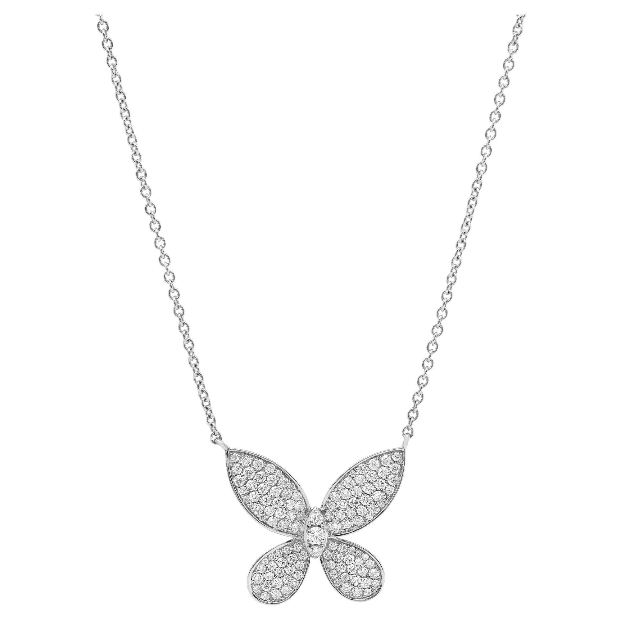 0.96cttw Pave Set Round Cut Diamond Butterfly Pendant Necklace 18K White Gold For Sale