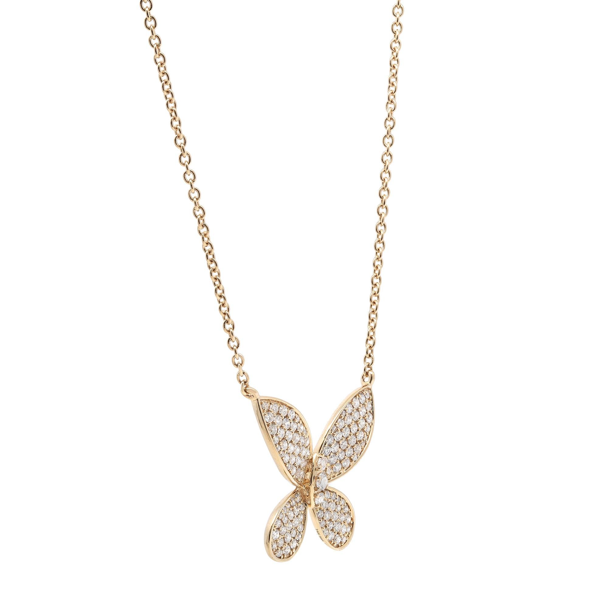 Charming and sweet, this diamond butterfly pendant necklace makes any day special. Crafted in 18k yellow gold, it's stackable and perfect for everyday wear. It features pave set round brilliant cut diamonds weighing 0.96 carat. Diamond quality: G-H