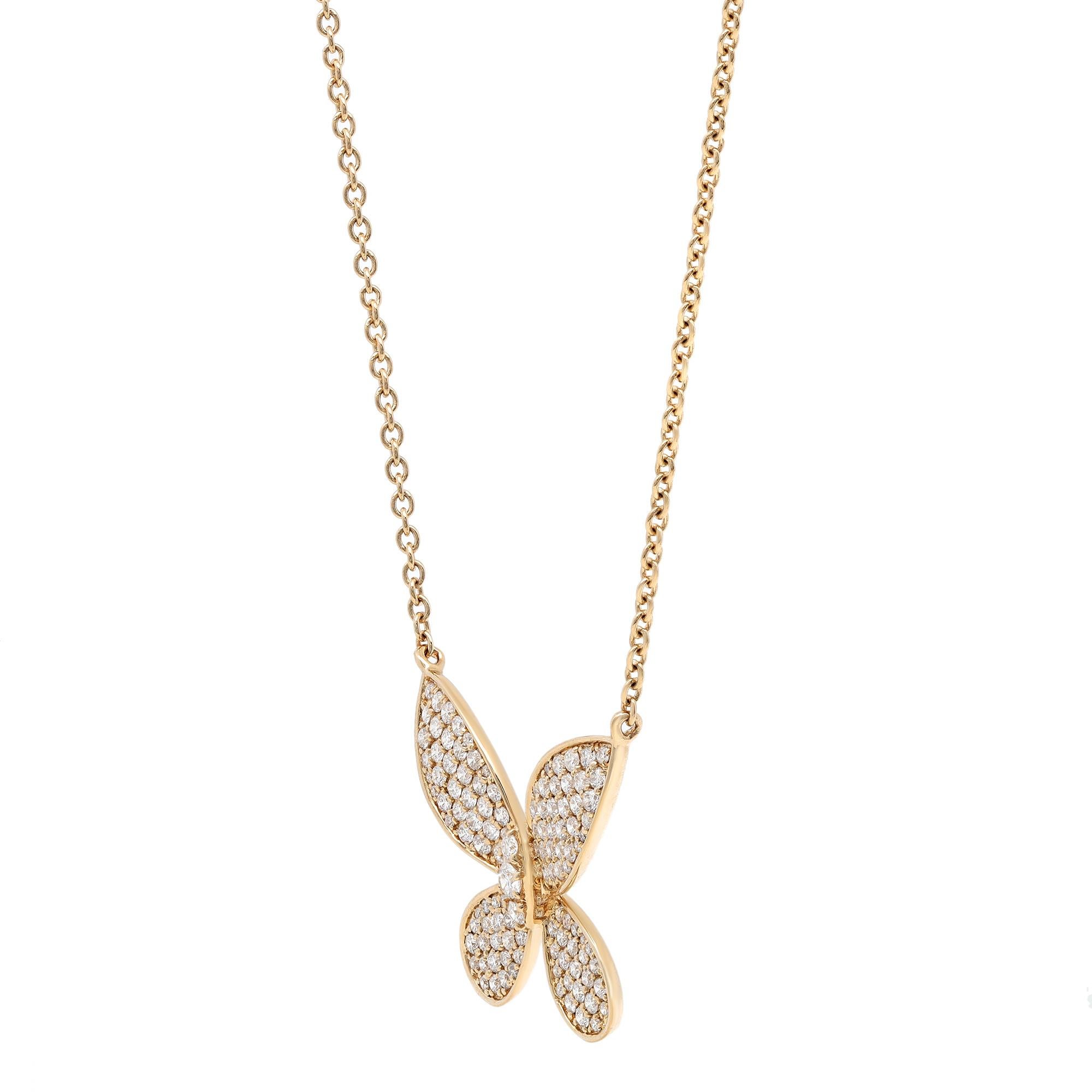 Modern 0.96cttw Pave Set Round Cut Diamond Butterfly Pendant Necklace 18K Yellow Gold For Sale