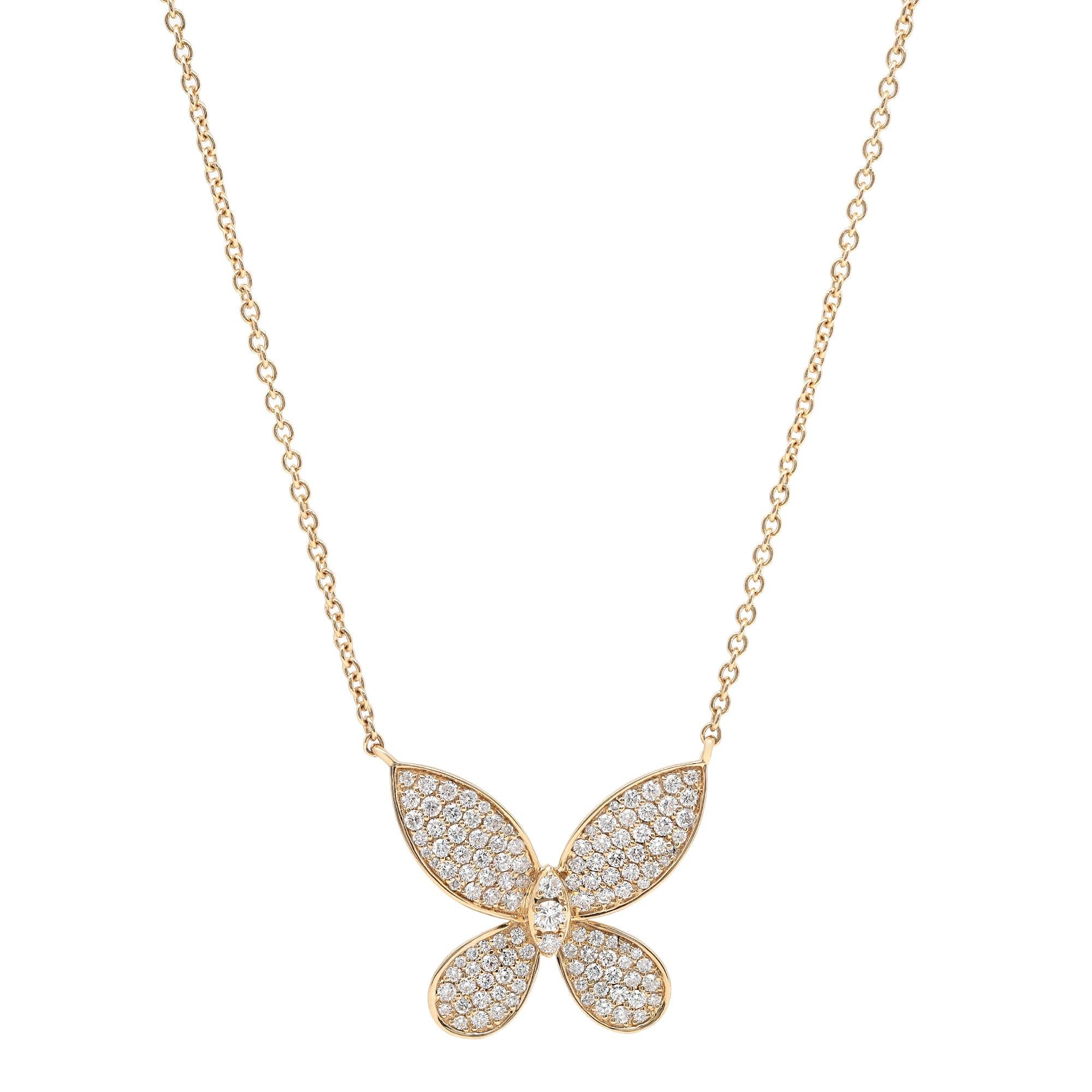 0.96cttw Pave Set Round Cut Diamond Butterfly Pendant Necklace 18K Yellow Gold