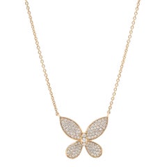 0.96cttw Pave Set Round Cut Diamond Butterfly Pendant Necklace 18K Yellow Gold