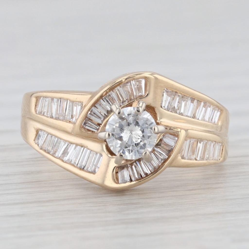 Baguette Cut 0.96ctw Round Diamond Engagement Ring 14k Yellow Gold Bypass Size 8.75