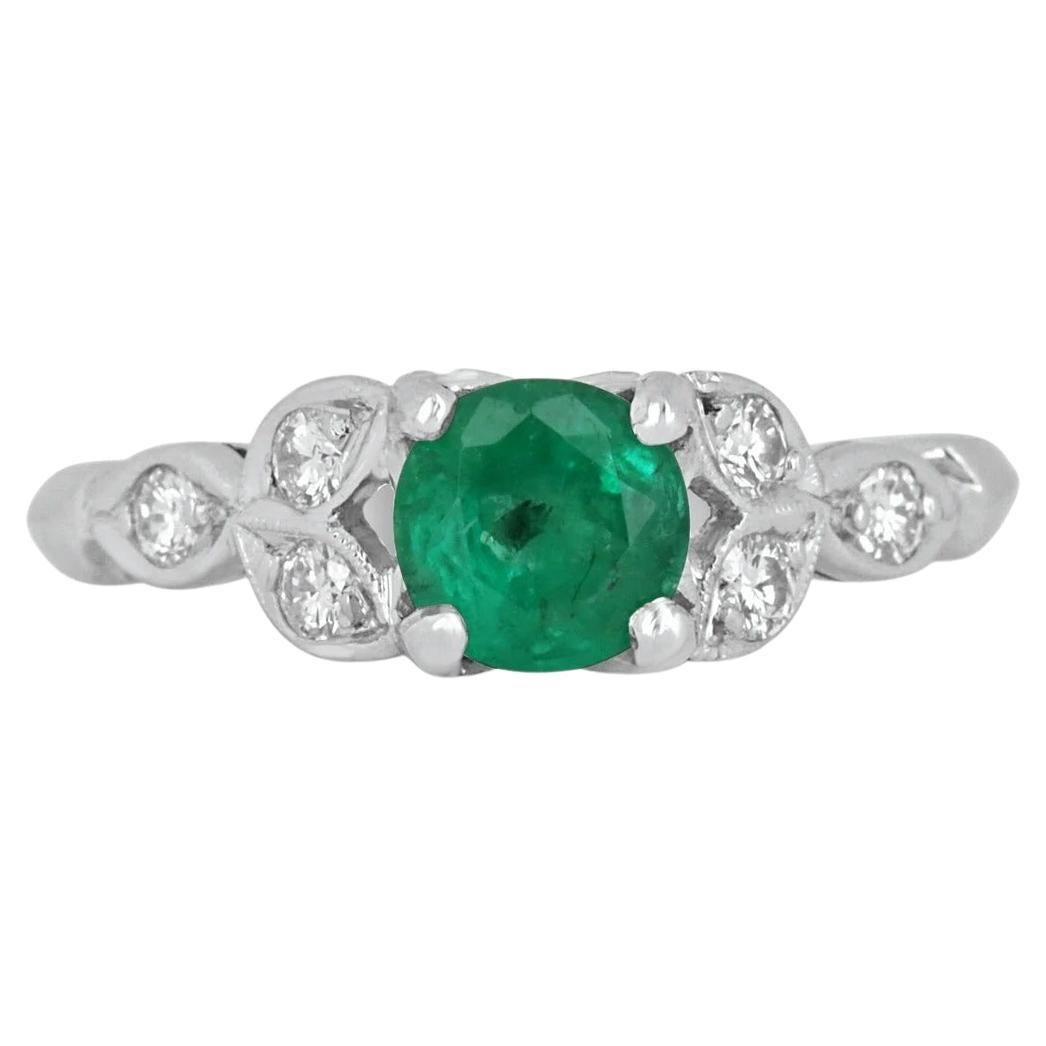 0.96tcw 14K Colombian Emerald-Round Cut & Round Cut Diamond Floral Ring For Sale