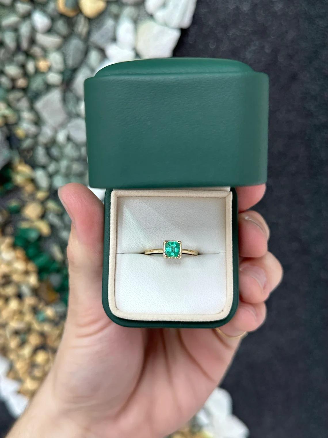 0.96tcw 14K Vivid Green Asscher Cut Emerald & Hidden Diamond Halo Prong Set Ring In New Condition For Sale In Jupiter, FL