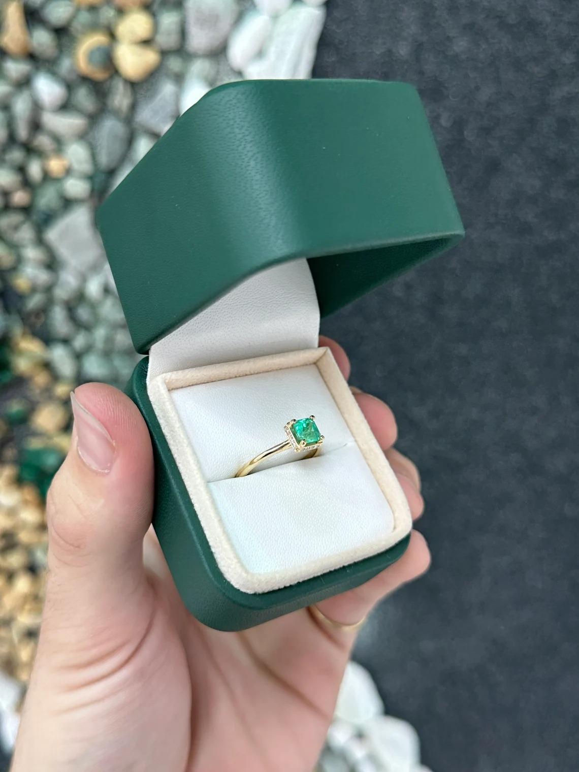 Women's 0.96tcw 14K Vivid Green Asscher Cut Emerald & Hidden Diamond Halo Prong Set Ring For Sale