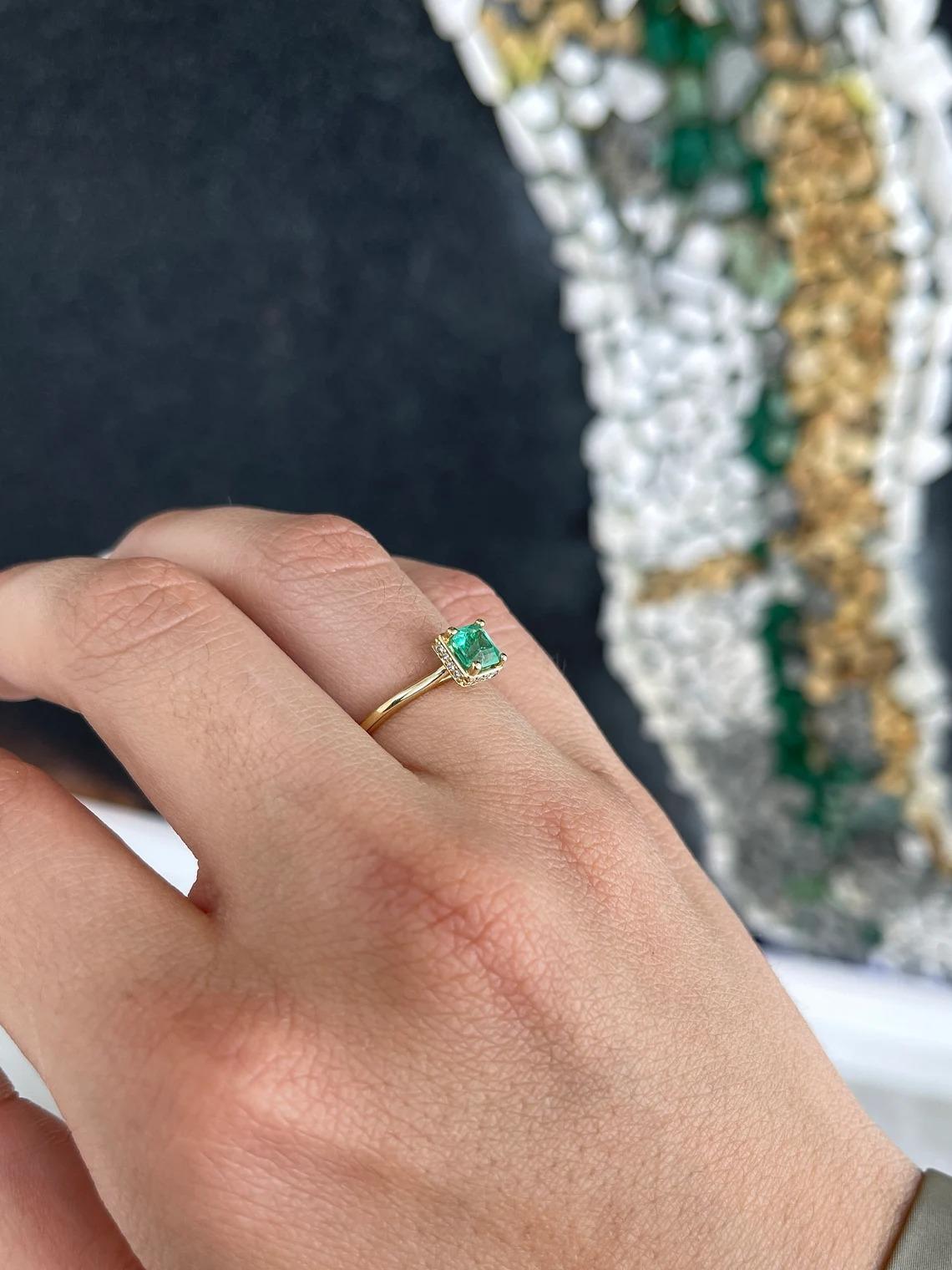 0.96tcw 14K Vivid Green Asscher Cut Emerald & Hidden Diamond Halo Prong Set Ring For Sale 3