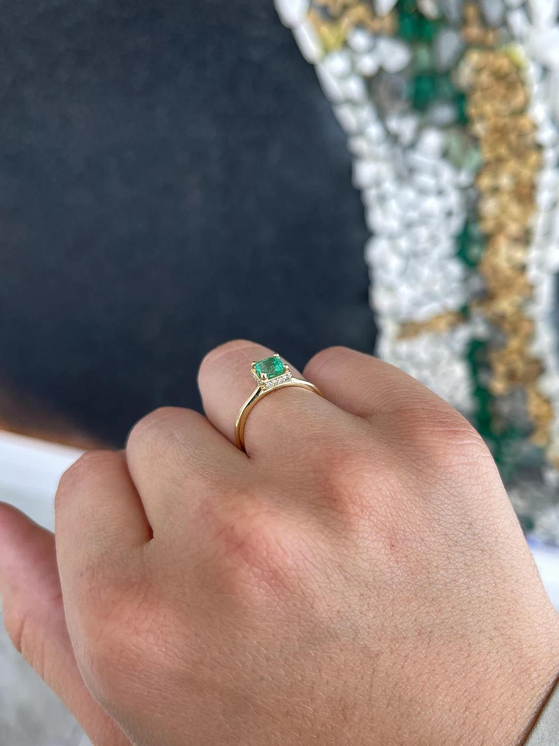0.96tcw 14K Vivid Green Asscher Cut Emerald & Hidden Diamond Halo Prong Set Ring For Sale 4