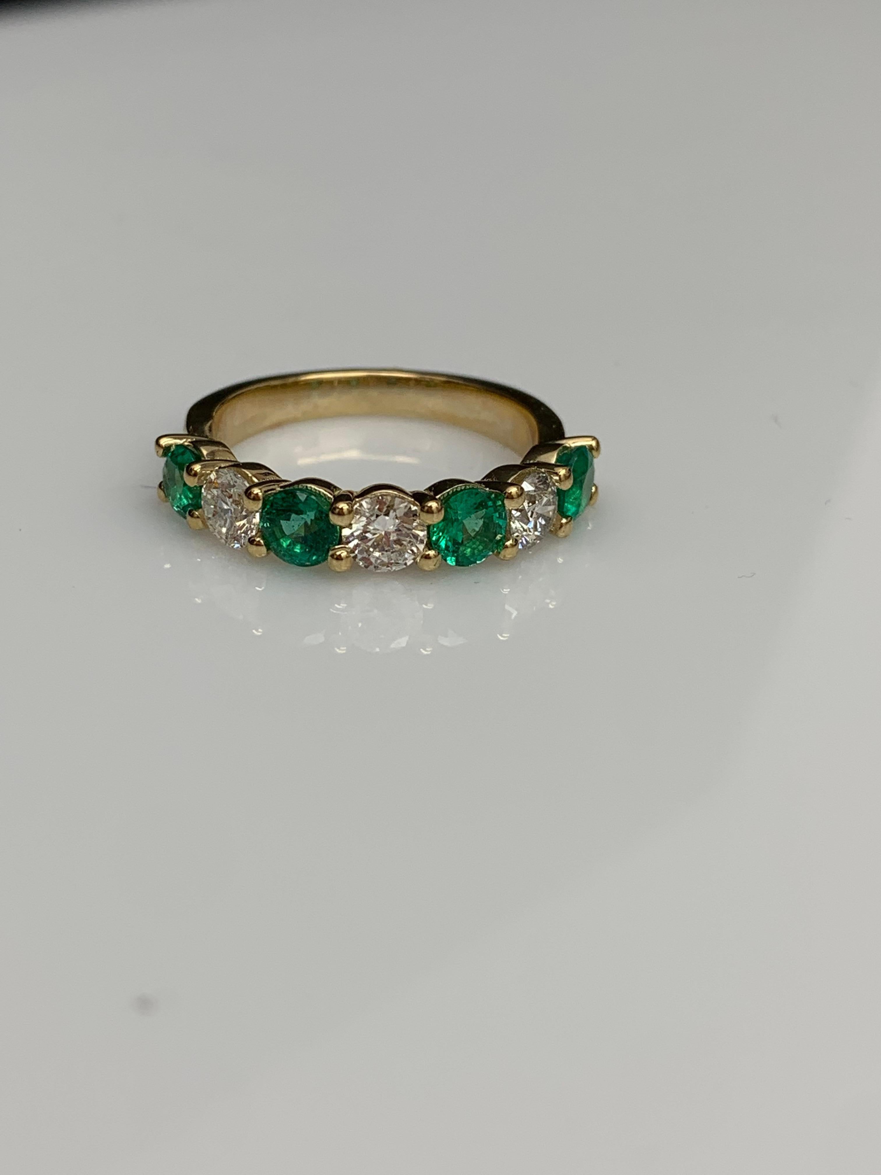 0.97 Carat Alternating Emerald and Diamond Halfway Wedding Band 14K Yellow Gold For Sale 1