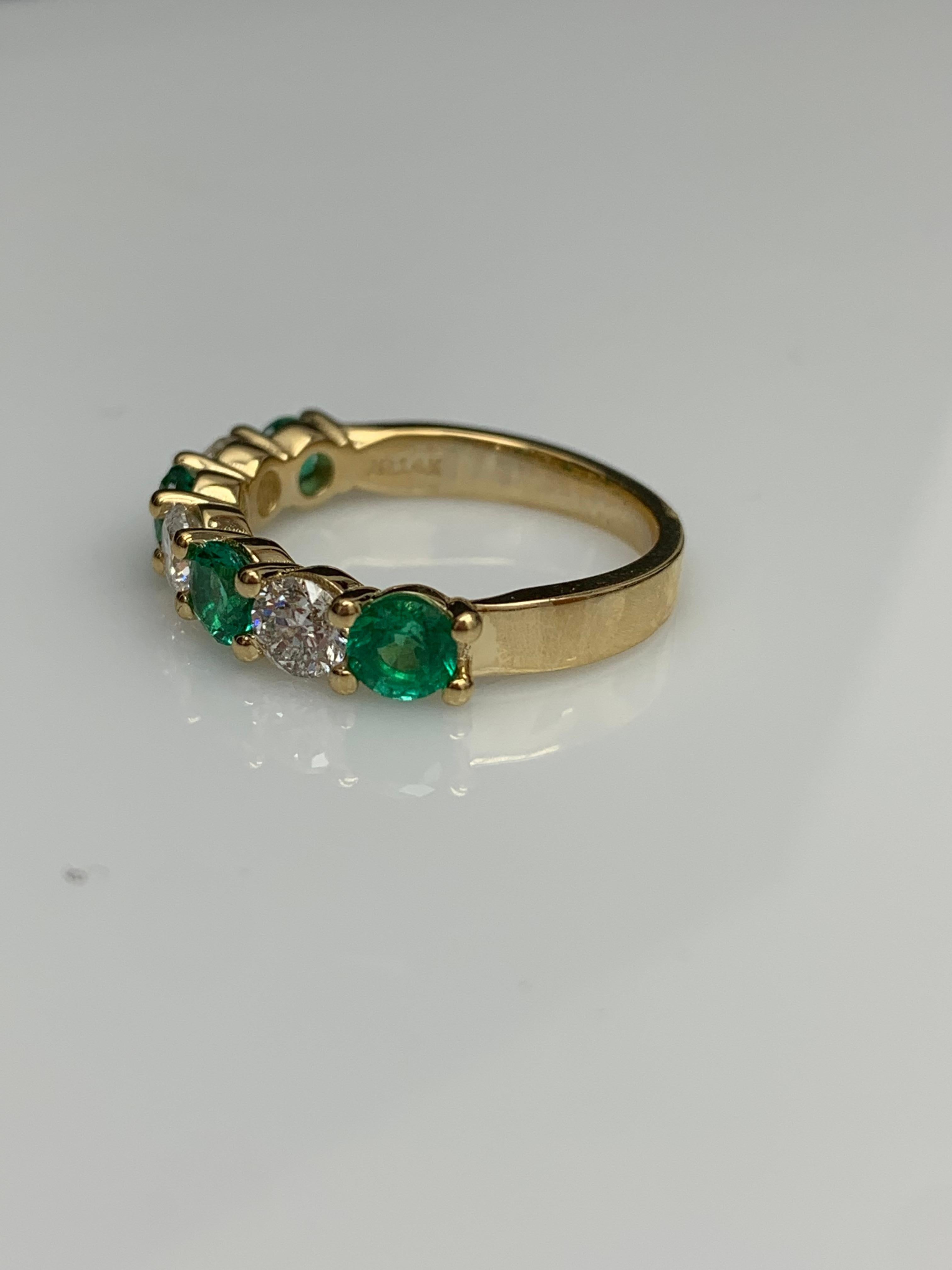 0.97 Carat Alternating Emerald and Diamond Halfway Wedding Band 14K Yellow Gold For Sale 3